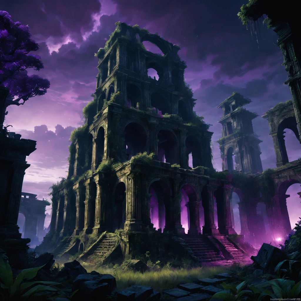 Mysterious ancient ruins，an overgrown，Warhammer 40K universe,Dimly lit sky, Purple light, Sateen,salama, hyper realisitc, The is very detailed,8K