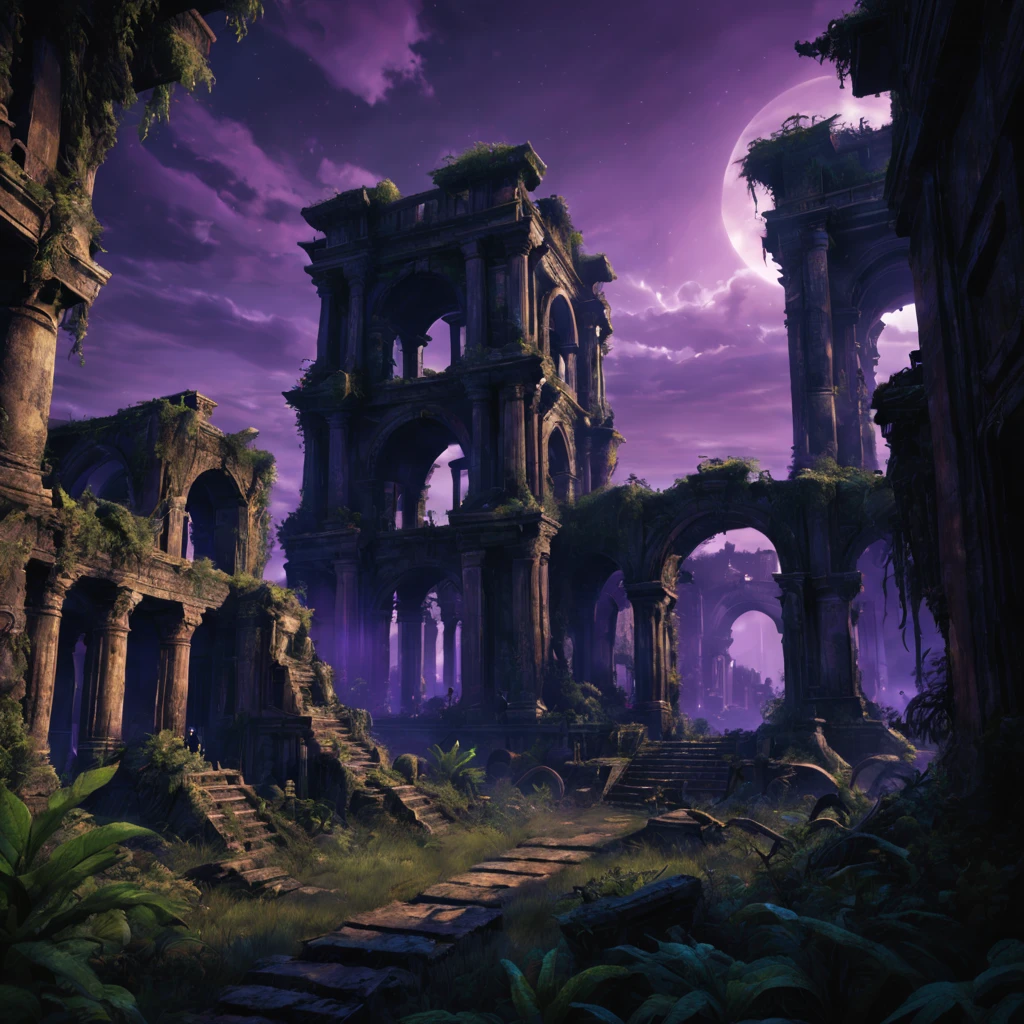 Mysterious ancient ruins,an overgrown,Warhammer 40K universe,Dimly lit sky, Purple light, Sateen,salama, hyper realisitc, The is very detailed,8K