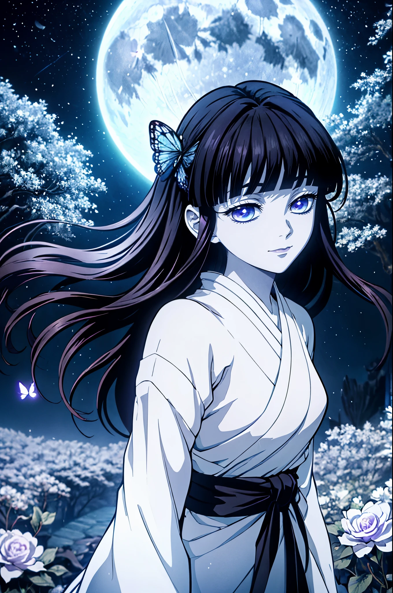 (aesthetic,mysterious) muzan girl,Dark ethereal atmosphere,Anime style,dream-like,glowing eyes,pale skin,loose black hair,Blue butterfly,Moon Garden,Enchanted pose,Colorful kimono,moon light, shining through the trees,soft petals falling,breath taking beautiful,thin smile,roof silhouette,ethereal glow,calm expression on his face,delicate features,Serene aura,Timeless elegance,bright colours,dark fantasy atmosphere,magic atmosphere,Radiant moonlight,whispering winds,fantasy world ,Feminine grace,glowing darkness,A lonely figure,starry night sky, ethereal flowers,peace in the dark,shimmering mystery,unearthly charm