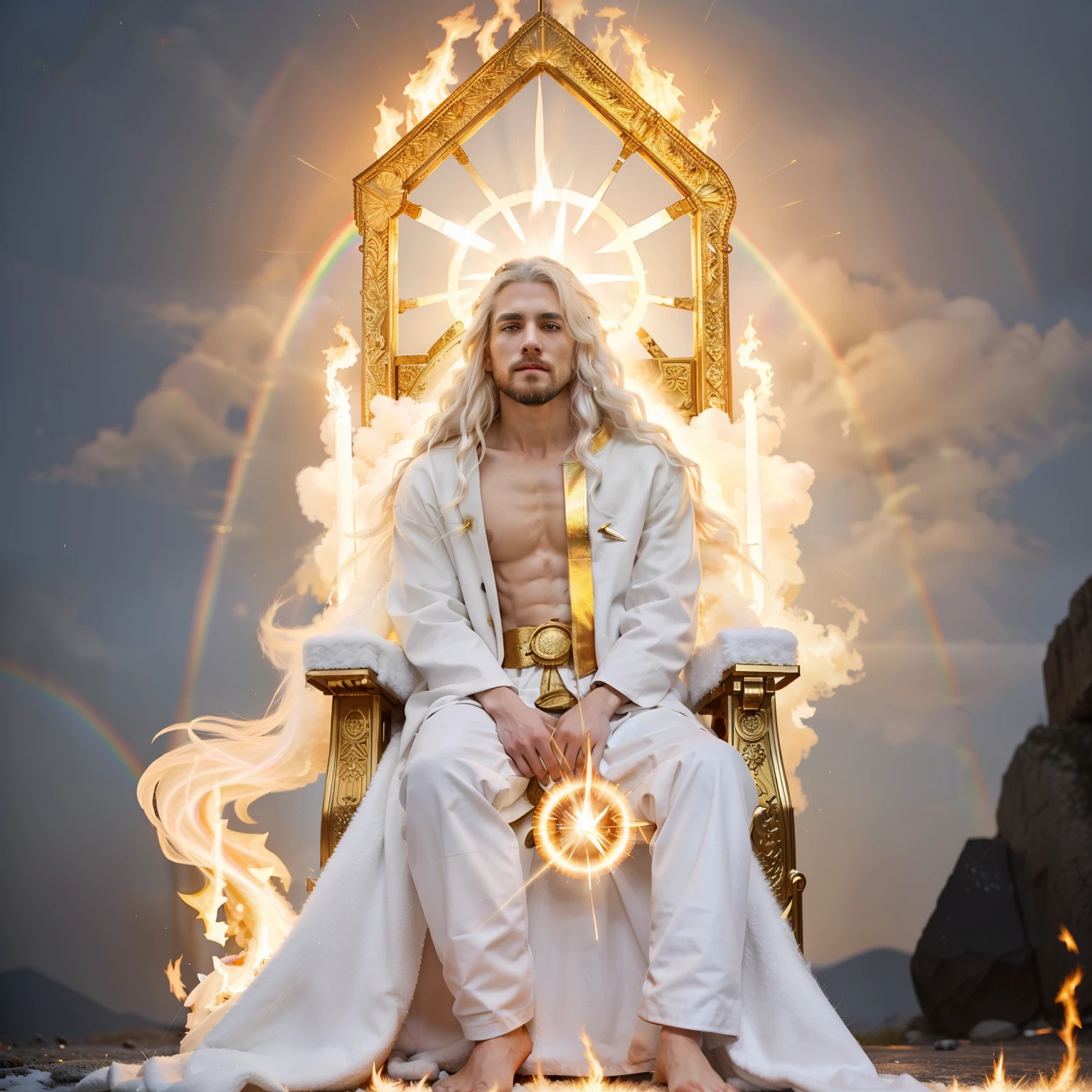 Jesus sitting on the white throne
 something glowing like electrum that was like a fire radiating from what appeared to be his waist and upward; and from his waist down, I saw something that resembled fire., (((There was a round brilliance flare all around him 28 like that of a round rainbow in a cloud on a rainy day))), His head and his hairs were white like wool, as white as snow; and his eyes were as a flame of fire;garment was white as snow, and the hair of his head like the pure wool: his throne was like the fiery flame, and his wheels as burning fire.And his feet like unto fine brass, as if they burned in a furnace; and his voice as the sound of many waters. ,((white hairs))