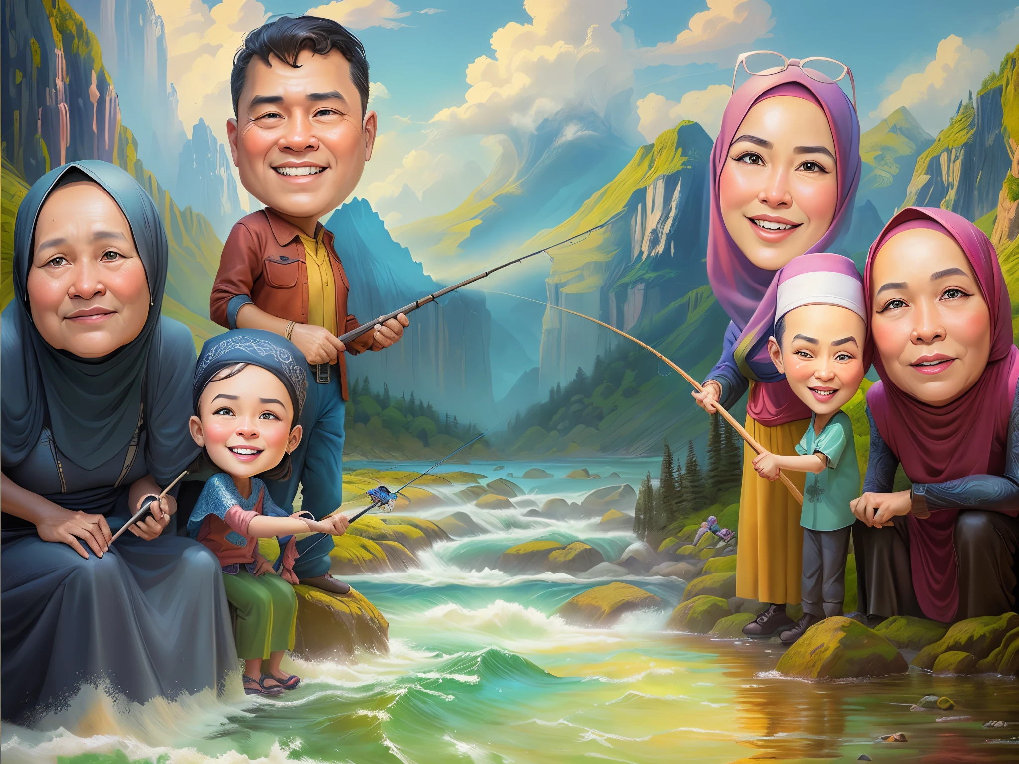 a painting of a family fishing in a river with a mountain backdrop, Two grandmothers on the left and right wearing hijabs, sitting on river rocks, caricature illustration, in cartoon style, caricature style, cartoon style illustration, cartoon artstyle, realistic cartoon, cartoon art, cartoon digital art, an indonesian muslim family portrait, digital art cartoon, cartoon digital painting, happy family, potrait, cartoon painting, cartoon art style, 3 d cartoon