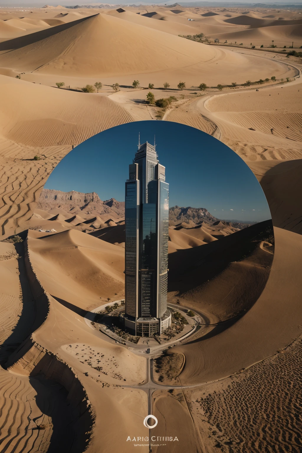 Circle logo, skyscraper, desert,