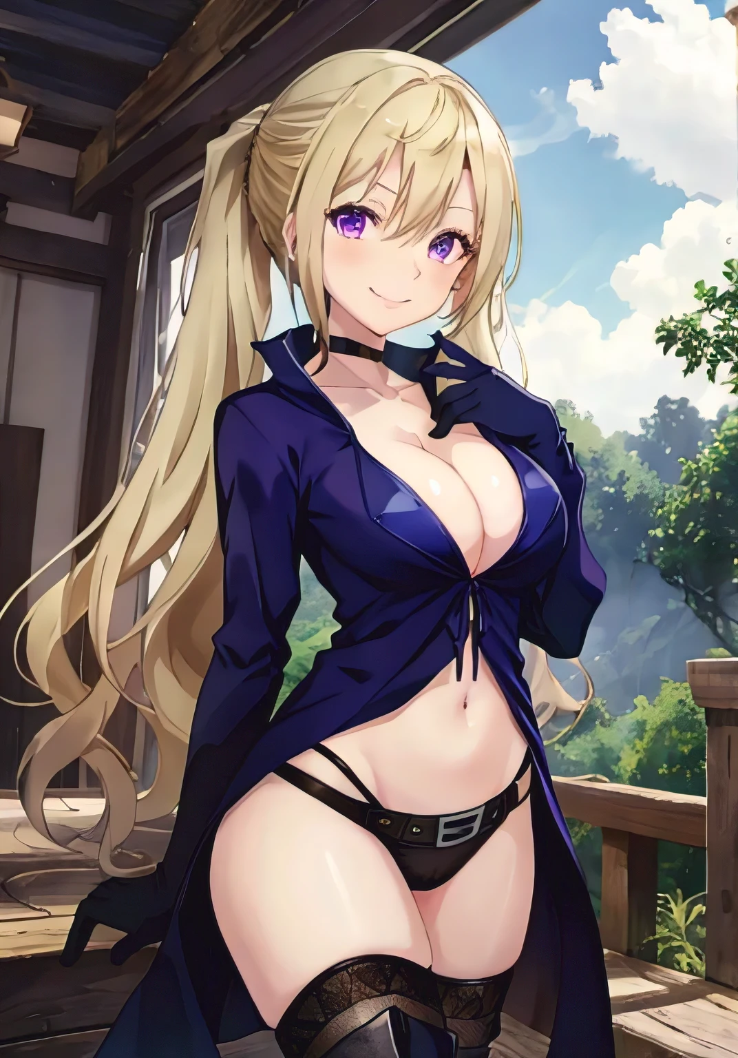 masutepiece, Best Quality, Ultra-detailed, Beautiful detailed eyes, extremely detailed eye and face, 1girl in, Liselotte Sherlock, Purple eyes, Twin-tailed, 鎖骨, cleavage, Choker, Midriff, Underwear, elbow groves, Black Gloves, Belt bag, (high leg pantie), thighs thighs thighs thighs, Black footwear, long boots, thigh long boots, ((Large breasts)), Standing, Looking at Viewer, Smiling, Seductive smile, forest, day, skyporn, cloud, Cowboy Shot, Upper body,