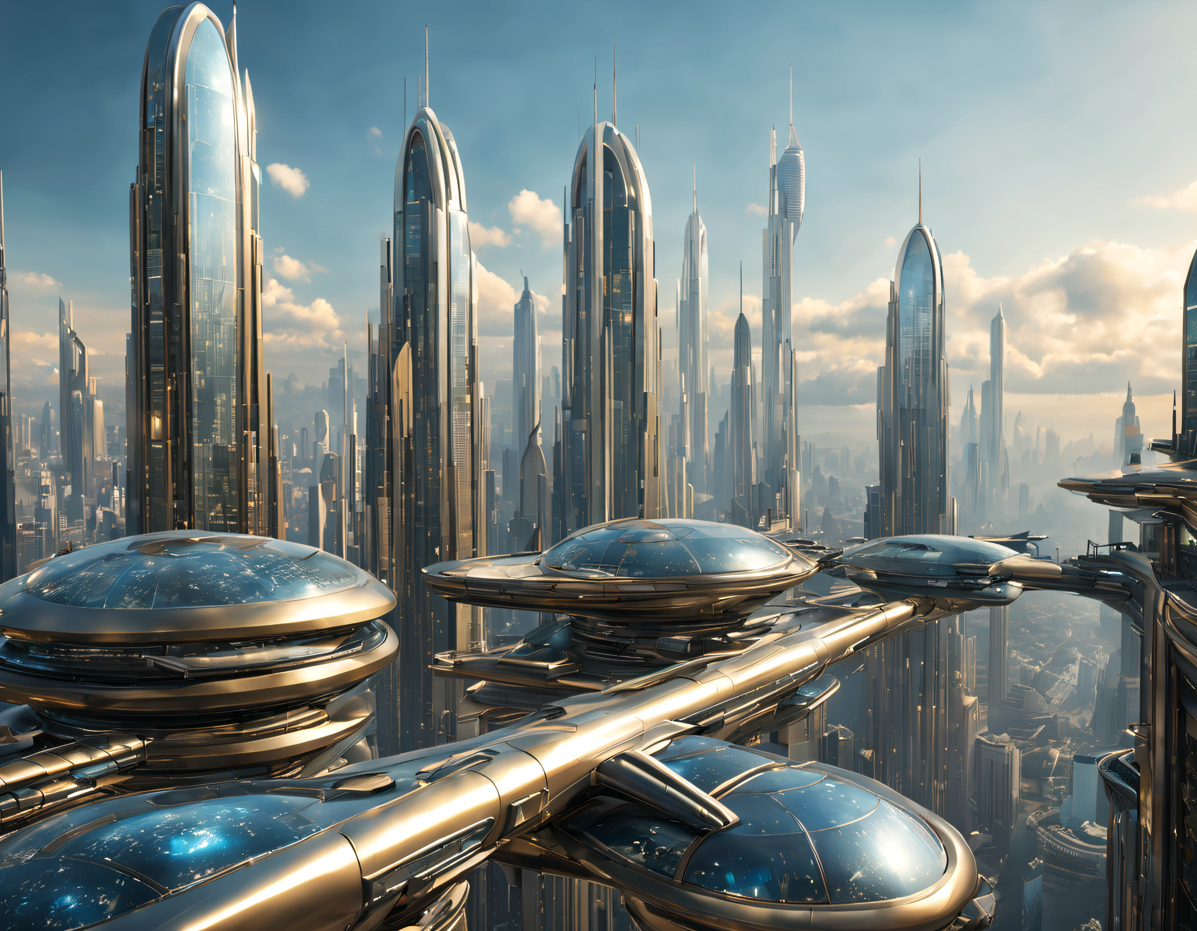 the city of megacity futuristic science fiction city as it would be in the year 3029, vista desde una terraza , with high-tech design , edificios de metal y cristal, autopistas cruzandolos, de una inmensidad impresionante, con el empleo de oro , plata y bronce en su construccion, realmente impresionante a la vista, imagen bien definida, fondo nitido bien defifido, con muchos edificios juntos. imagen nitida bien definida 8k. los edificios llegan alta el fondo.,8k. imagen cinematografica, renderizado 3d, ((obra maestra de superior calidad)).