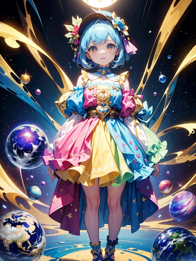 Masterpiece designs by the world's top AI artists, top-quality, 8K, High image quality, 、From diagonally above、Push up the heart-shaped diamond held in one hand、(Paint splashes),Colorful ,Glow Color,lamplight,beautiful a girl,(full body Esbian),Look at the camera、Glass-like outfits,Sleeves glow、intricate detailes、Beautiful Girl、Sparkling eyes、((Round eyes))、Golden Ratio Face、embrace the earth with both hands、the universe expands infinitely,I don't even have time to breathe、A treasure trove of possibilities、Interdimensional space、detail precision cyber city、glitter spark、The background is planets and stars