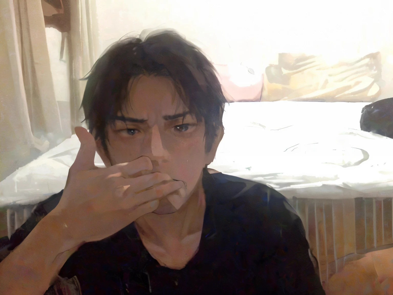 serious and thoughtful man, hand cover his mouth