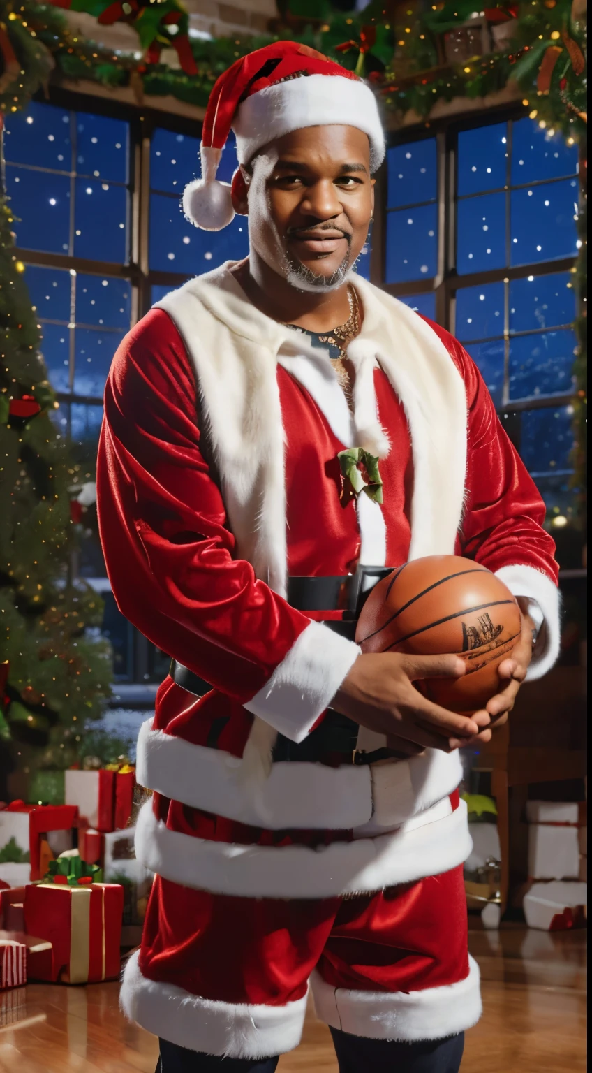 A basketball player Shaquille O’Neal wearing ((Santa Claus costume)), Portrait, high detailed image, standing with basket ball, photorealistic, Santa Claus, Snow