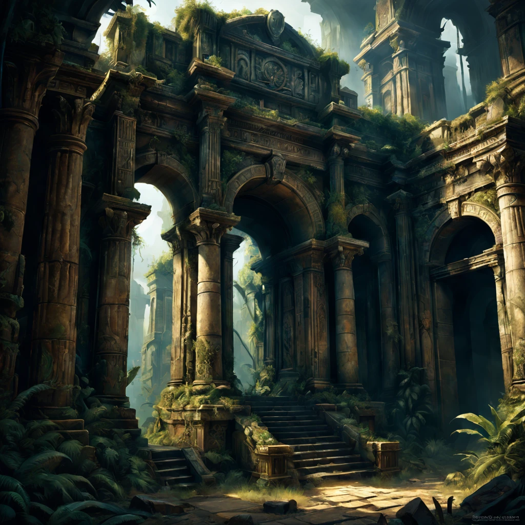 (mysterious ancient ruins,warhammer 40k style),oil painting,detailed and weathered ruins,impressive architectural structures with intricate carvings,ruins covered in dense vegetation,imposing statues guarding the entrance,dark and foreboding atmosphere,best quality,ultra-detailed,realistic:1.37,professional,rich color palette with deep shadows and vibrant highlights,dramatic lighting with highlights and shadows,indirect ambient lighting,earthy tones and metallic accents.