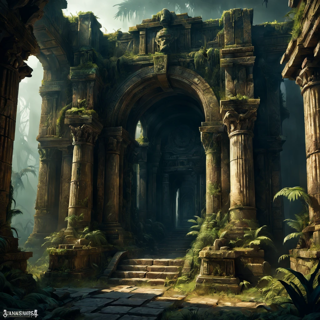 (mysterious ancient ruins,warhammer 40k style),oil painting,detailed and weathered ruins,impressive architectural structures with intricate carvings,ruins covered in dense vegetation,imposing statues guarding the entrance,dark and foreboding atmosphere,best quality,ultra-detailed,realistic:1.37,professional,rich color palette with deep shadows and vibrant highlights,dramatic lighting with highlights and shadows,indirect ambient lighting,earthy tones and metallic accents.