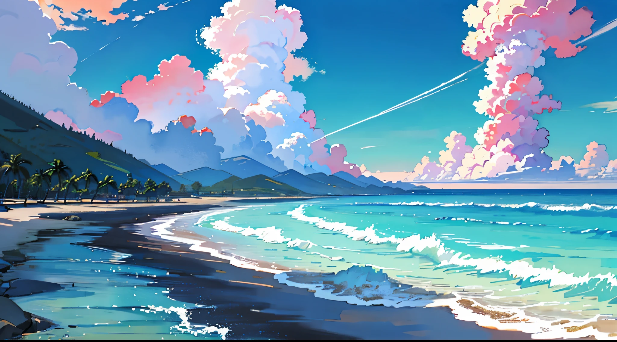 海と山と青い空を描いた絵 - SeaArt AI