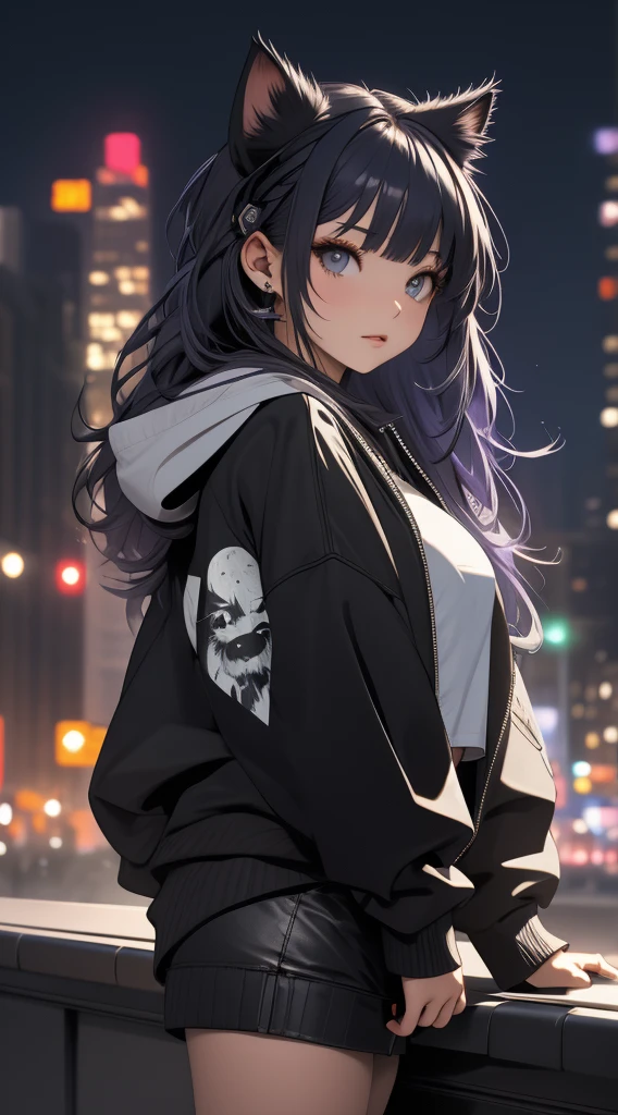 portrait of a girl,1girl,(masterpiece, best_quality, ultra-detailed, immaculate:1.3),grey skin,hoodie,goth,cat ears,bored face,dark multicolor hair,city at night background,moon,stars,