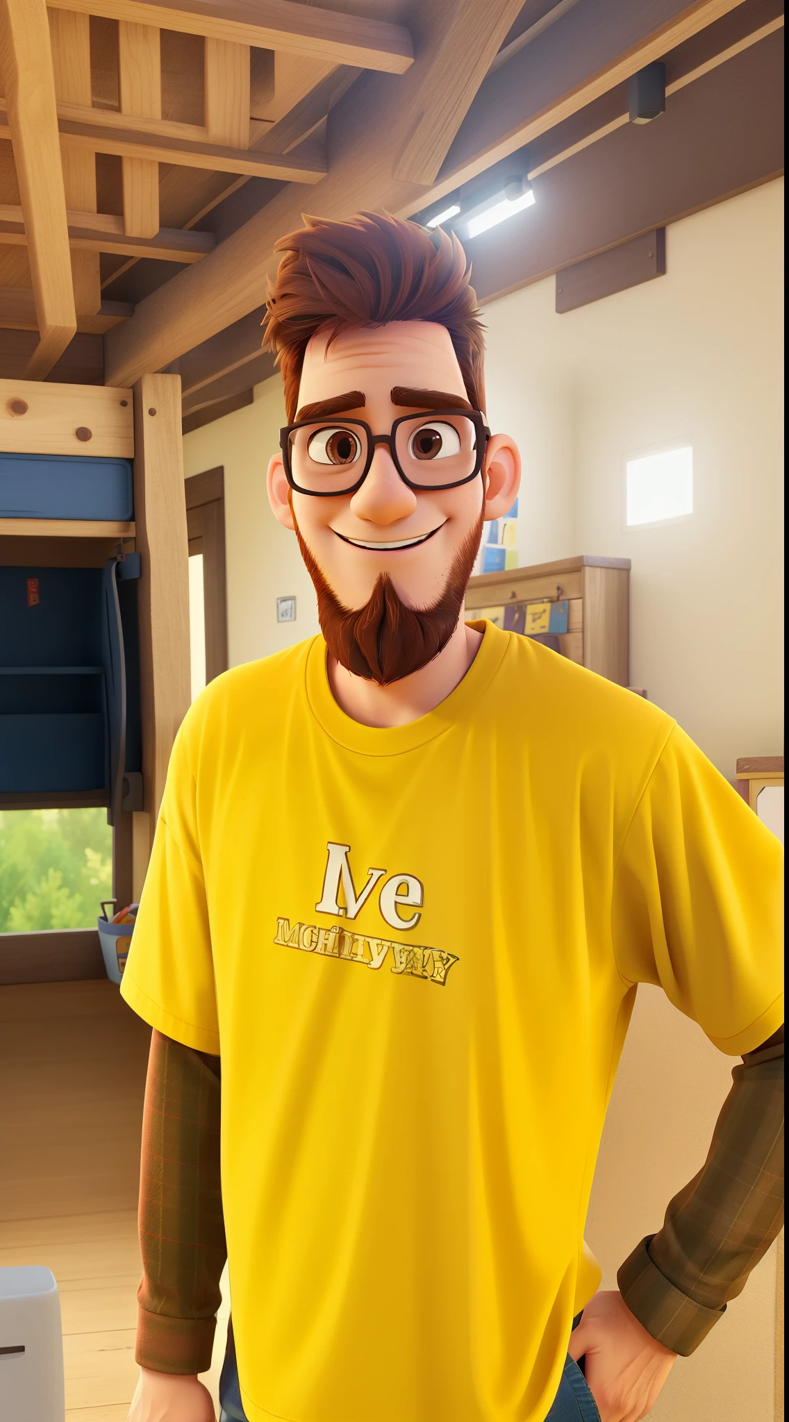 A young man of approximately 25 years old, slightly red beard, brown eyes, plaid t-shirt, rodeo hat, glasses, Disney Pixar style, high quality, best quality.