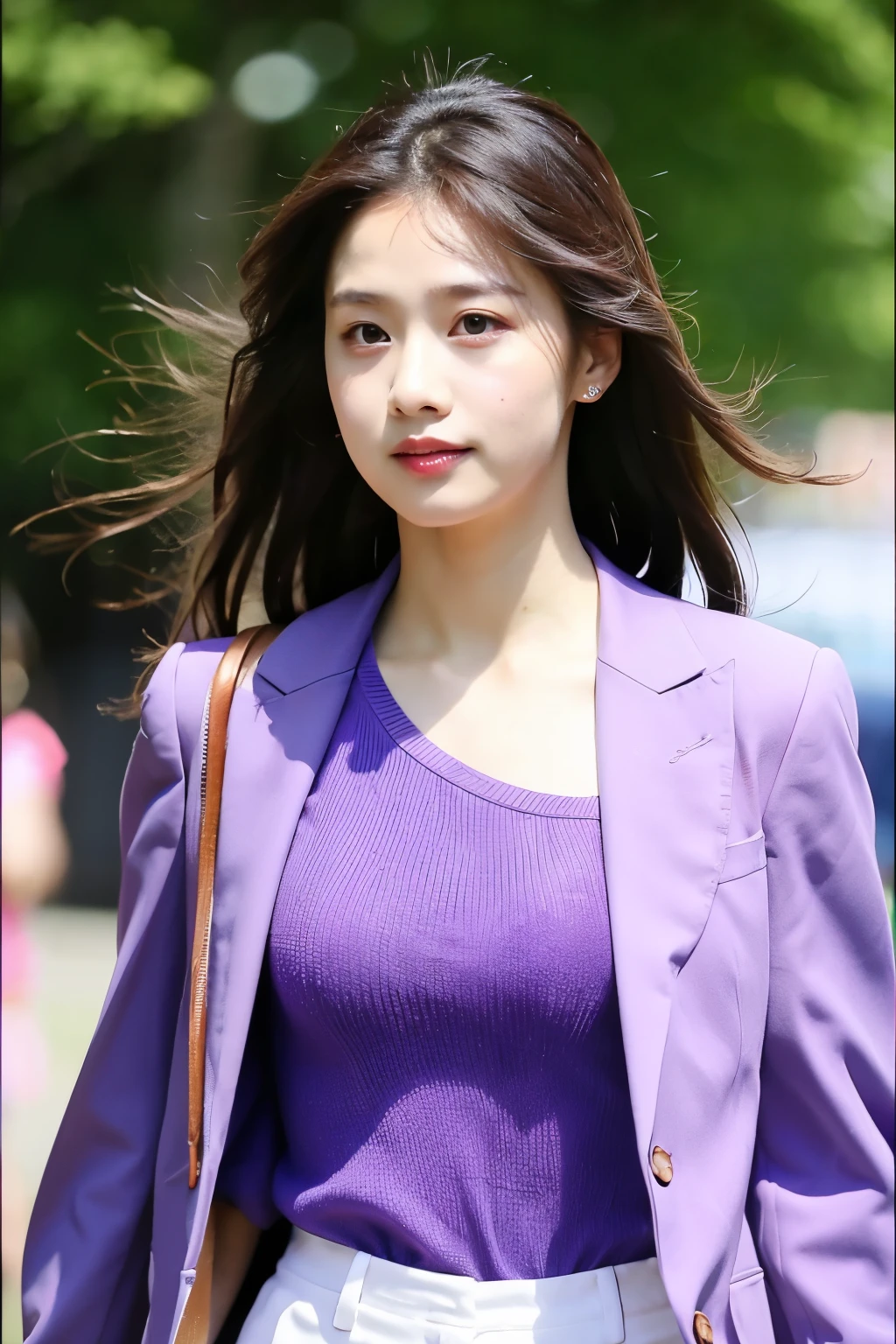 A lady in purple clothes