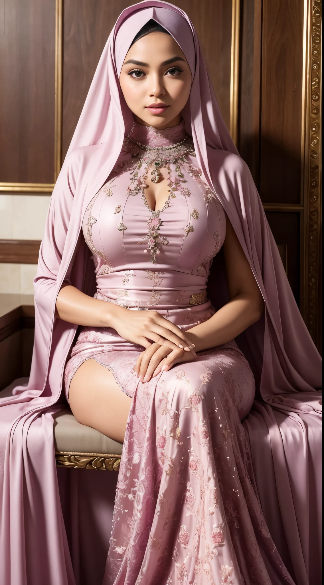 ( Close Up),RAW, Best quality, high resolution, masterpiece: 1.3), beautiful Malay woman in hijab,Masterpiece, perfect fit body, big breast,big gorgeous eyes, Soft smile,beutiful face,thick thighs, woman in a purple dress is sitting in front of a wall, modest flowing gown, flowing gown, flowing dress, beautiful detailed dress, beautiful flowing fabric, long flowing intricate dress, long luxurious flowing gown, ornate flowing robe, flowing robe, in long pink or violet dresses, beautiful silky dress, wearing pink floral gown, wearing a long flowy fabric, detailed dress , (Delicate turtneck) , Excellent lighting, Bright colors, Clean lines,