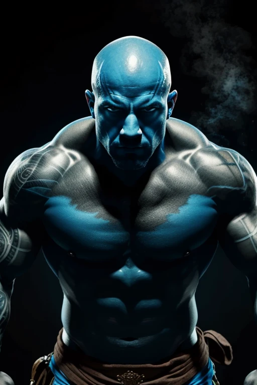 Ink art,man with blue tunic,bald,muscled,in fight position,black skin,(best quality, highres, masterpiece:1.2),ultra-detailed,(realistic:1.37),vivid colors,sharp focus,stark lighting,portrait