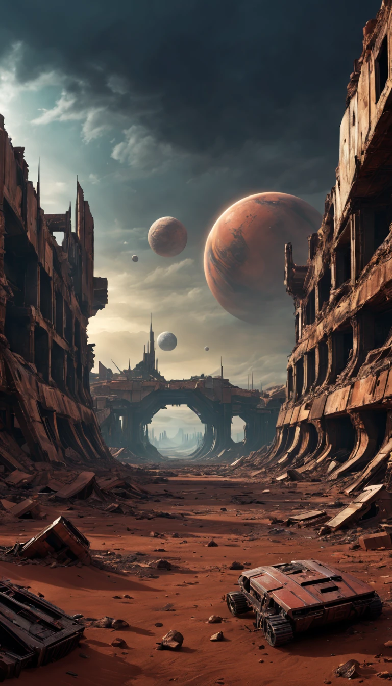 (best quality,4k,8k,highres,masterpiece:1.2),ultra-detailed,(realistic,photorealistic,photo-realistic:1.37),movie poster,ancient Mars,starship wreckage,red planet,dystopian future,dark atmosphere,desolate landscape,ruins,ancient technology,otherworldly,sci-fi,abandoned,ominous sky,vibrant colors,crumbling structures,dramatic lighting,creepy,post-apocalyptic,twisted metal,haunting,lonely, setting,extraterrestrial,cosmic,atmospheric,unearthly scenery,bleak,deserted,imposing presence,futuristic,distant horizon,remnants of civilization