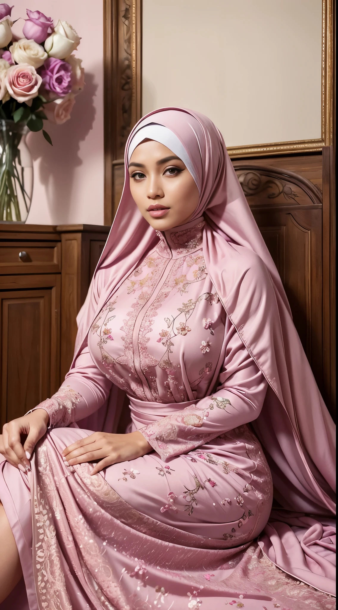 ( Close Up),RAW, Best quality, high resolution, masterpiece: 1.3), beautiful Malay woman in hijab,Masterpiece, perfect fit body, big breast,big gorgeous eyes, Soft smile,beutiful face,thick thighs, woman in a purple dress is sitting in front of a wall, modest flowing gown, flowing gown, flowing dress, beautiful detailed dress, beautiful flowing fabric, long flowing intricate dress, long luxurious flowing gown, ornate flowing robe, flowing robe, in long pink or violet dresses, beautiful silky dress, wearing pink floral gown, wearing a long flowy fabric, detailed dress , (Delicate turtneck) , Excellent lighting, Bright colors, Clean lines,