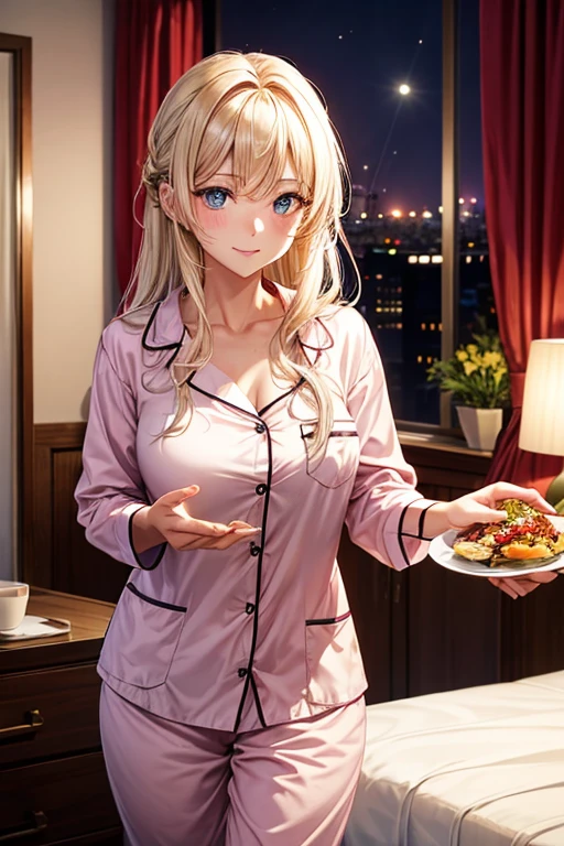 Beautiful woman delivers food to a man in a hotel room in the middle of the night. The woman is wearing pajamas.