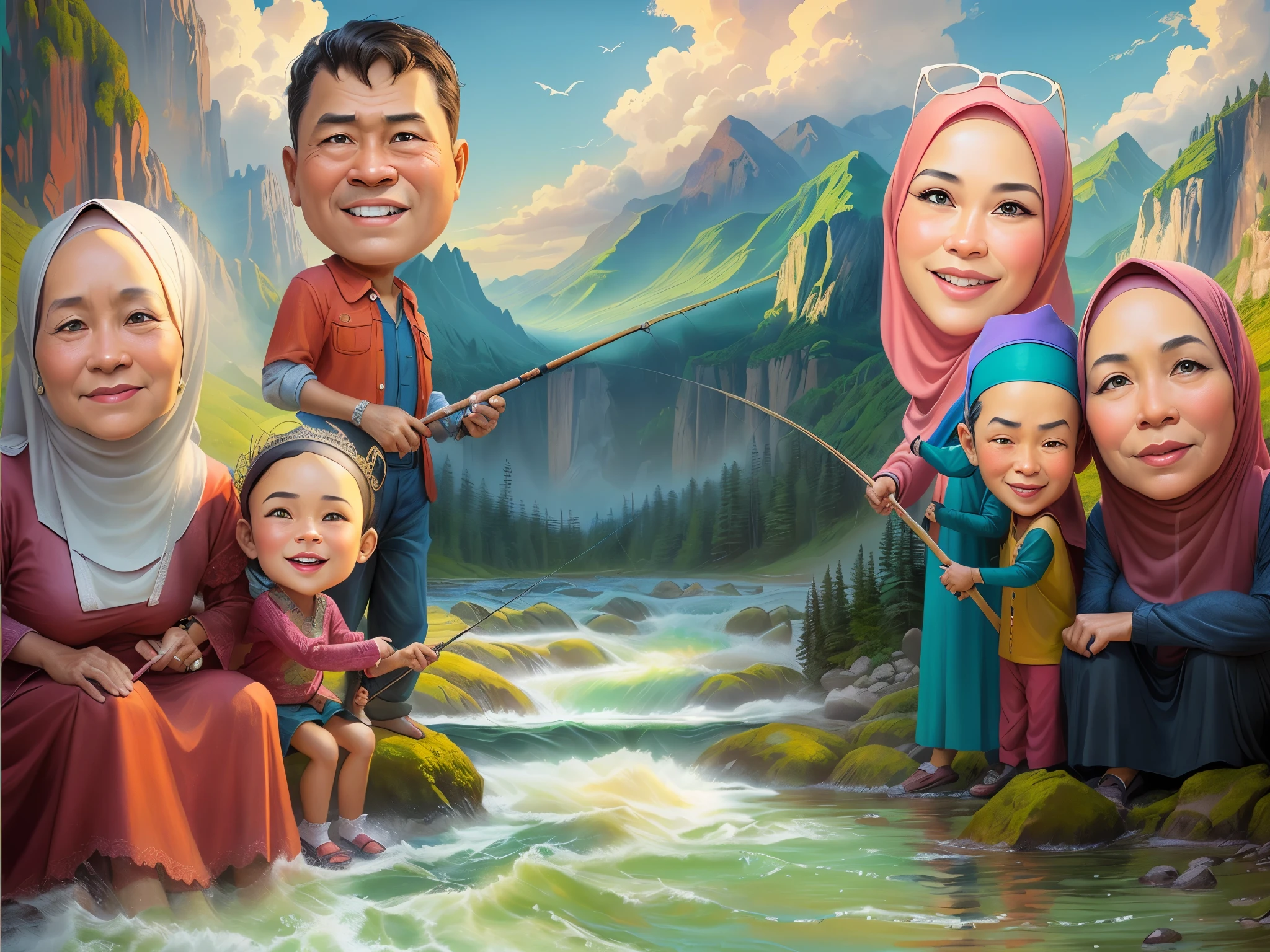 a painting of a family fishing in a river with a mountain backdrop, Two grandmothers on the left and right wearing hijabs, sitting on river rocks, caricature illustration, in cartoon style, caricature style, cartoon style illustration, cartoon artstyle, realistic cartoon, cartoon art, cartoon digital art, an indonesian muslim family portrait, digital art cartoon, cartoon digital painting, happy family, potrait, cartoon painting, cartoon art style, 3 d cartoon