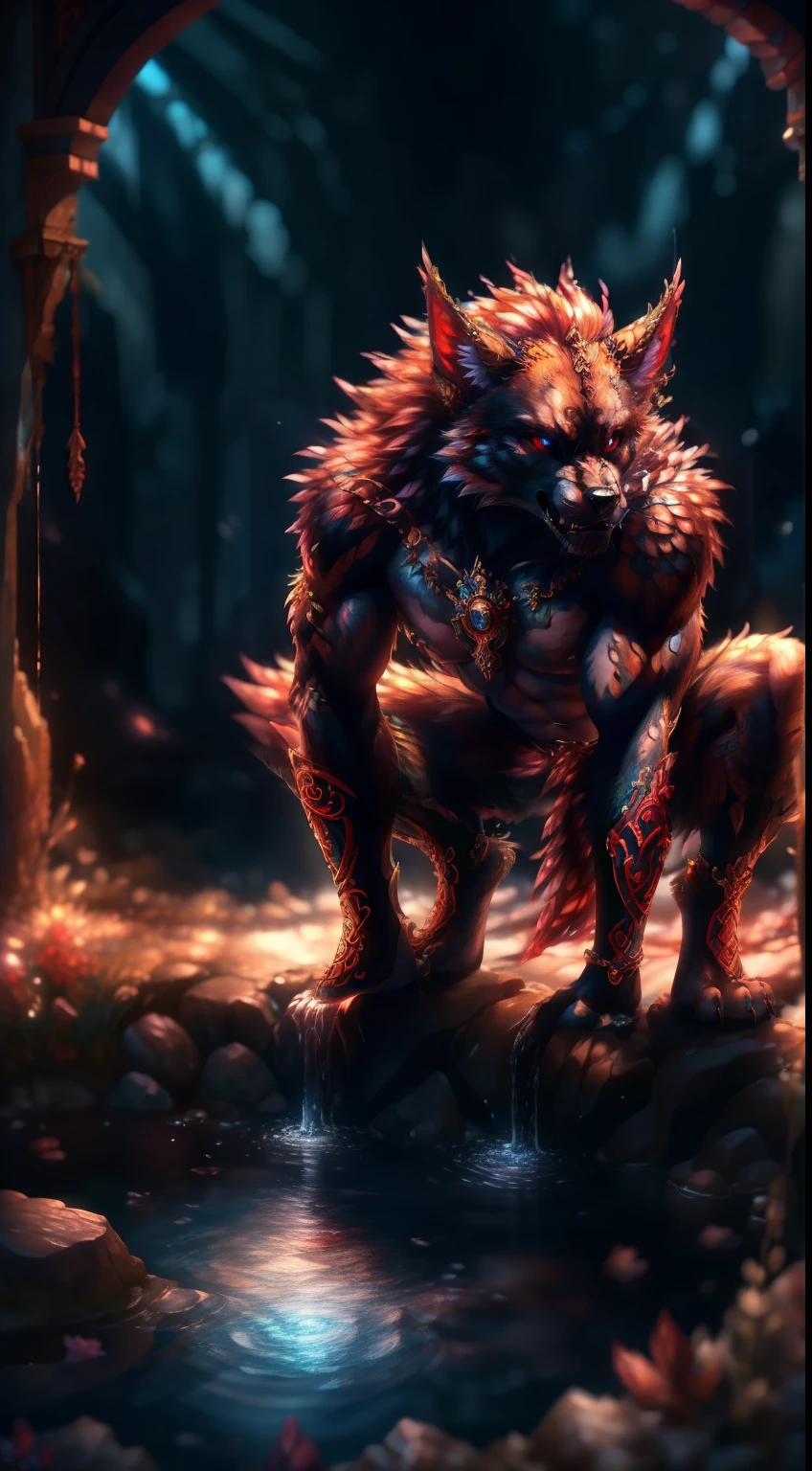 The werewolf was lying horizontally at the edge of the cold pool of water, the life began to slowly die, there was a huge wound, the crimson blood merged into a small stream flowing into the otherwise clear cold pool, coloring a large part of the entrance into the eye into a bright red color, white fur, paws, intense action scene, intense vivid universe background, bohemian, Celtic, sharp details, fantasy, Luis Royo Style, Josephine wall style, intricate details, volumetric lighting, perfect composition, breathtakingly beautiful, masterpiece, epic, insanely detailed, 8k,