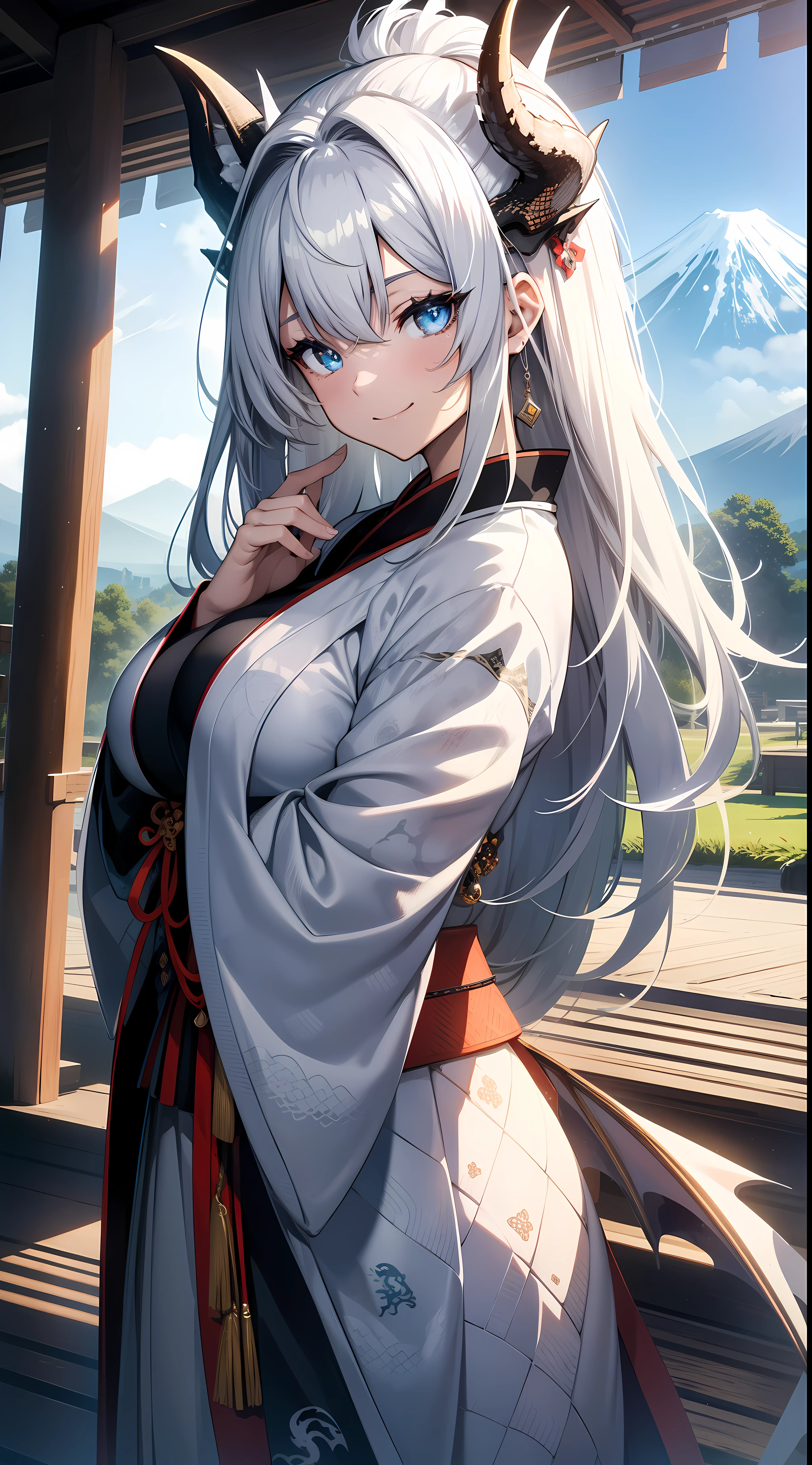 top-quality,Top image quality,in 8K,4K,​masterpiece,Ultra-detailed細,Beautiful、ultra-quality, Best Quality,High resolution, Ultra-detailed,Game CG,Dutch Angle,(Beautiful detailed eyes),Five Fingers, Perfect hands,a beauty girl,独奏,looking at viewert,silber hair,long,1 moon,outside of house,mont. Fuji in the background,Black furisode,((white dragon pattern)),dragon horn on head,Scale skin,forehead gem,Seductive smile,Dynamic Pose,