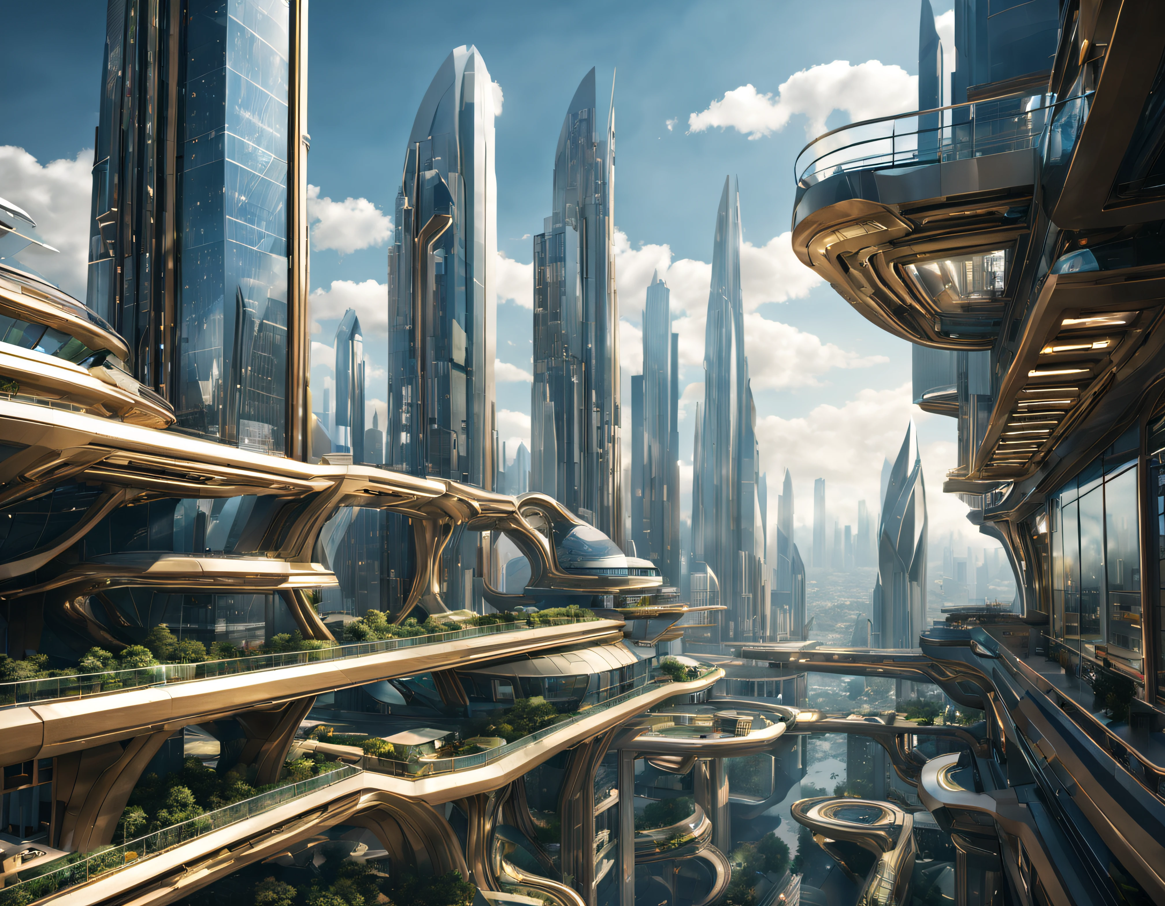 the city of megacity futuristic science fiction city as it would be in the year 3029, vista desde una terraza , with high-tech design , edificios de metal y cristal, autopistas cruzandolos, de una inmensidad impresionante, con el empleo de oro , plata y bronce en su construccion, realmente impresionante a la vista, imagen bien definida, fondo nitido bien defifido, con muchos edificios juntos. imagen nitida bien definida 8k. los edificios llegan alta el fondo.,8k. imagen cinematografica, renderizado 3d, ((obra maestra de superior calidad)).