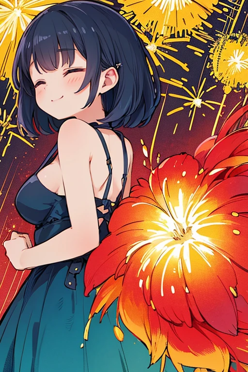 Absurd resolution, A high resolution, (tmasterpiece: 1.4), 超詳細, (1人の女性: 1.3), (Alone: 1.4), fire works, a short bob, a short bob, komono, back to look back, closing her eyes, ssmile着, optic, Estilo de Makoto Shinkai, Super close-up of face, Super fine illustration, vivd colour, cinematic optic, exciting optic production, The attention to detail, vivd colour, hair pin, komono, Large side breasts, back to look back, Happy, ssmile, from below,