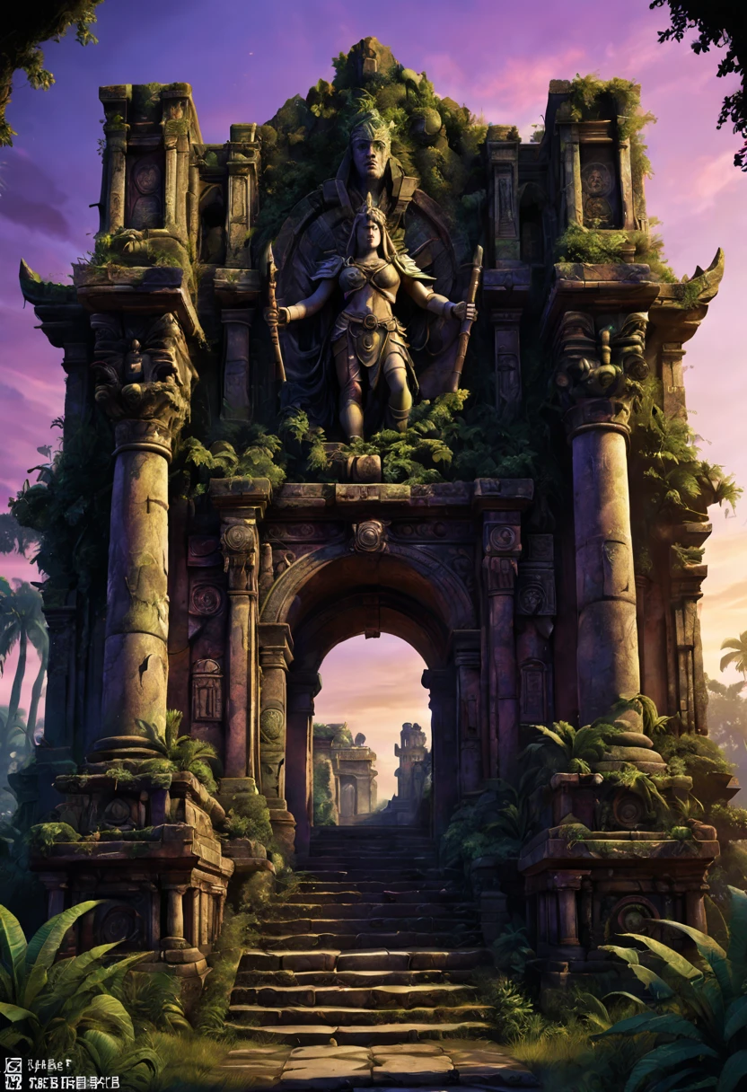 (Mysterious ancient ruins,warhammer 40k style),oil painted,Detailed and weathered ruins,Purple sky,salama,Intricately carved and impressive architectural structures,ruins covered with lush vegetation,Majestic statue guarding the entrance,Best quality at best,ultra - detailed,realisticlying:1.37,professinal,rich palette,deep shadow,Highlights are vibrant,Dramatic lighting with highlights and shadows、indirect ambient lighting、Earthy and metallic tones。
