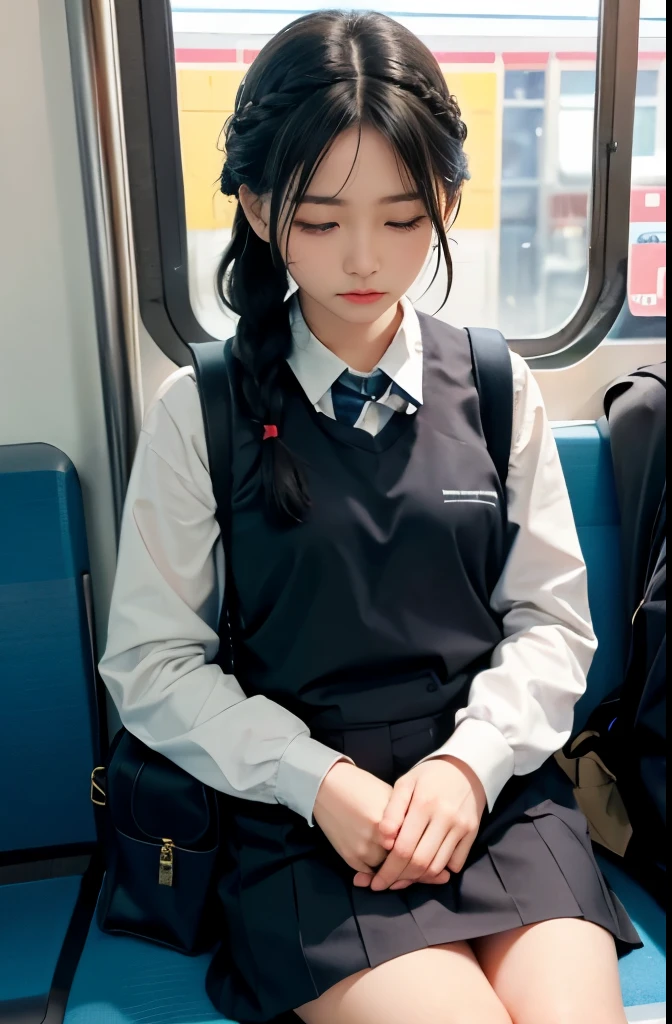 1girll,girl falling asleep on the train,Very cute,Black hair braid,tre anatomically correct,Precise fingers,student clothes,Place your school bag on your lap,photorealisim,​masterpiece,