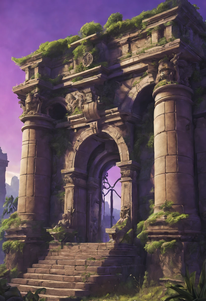 （Mysterious ancient ruins，warhammer 40k style），oil painted，Detailed and weathered ruins，Purple sky，salama，Intricately carved and impressive architectural structures，ruins covered with lush vegetation，Majestic statue guarding the entrance，Best quality at best，ultra - detailed，realisticlying：1.37，professinal，rich palette，deep shadow，Highlights are vibrant，Dramatic lighting with highlights and shadows、indirect ambient lighting、Earthy and metallic tones。