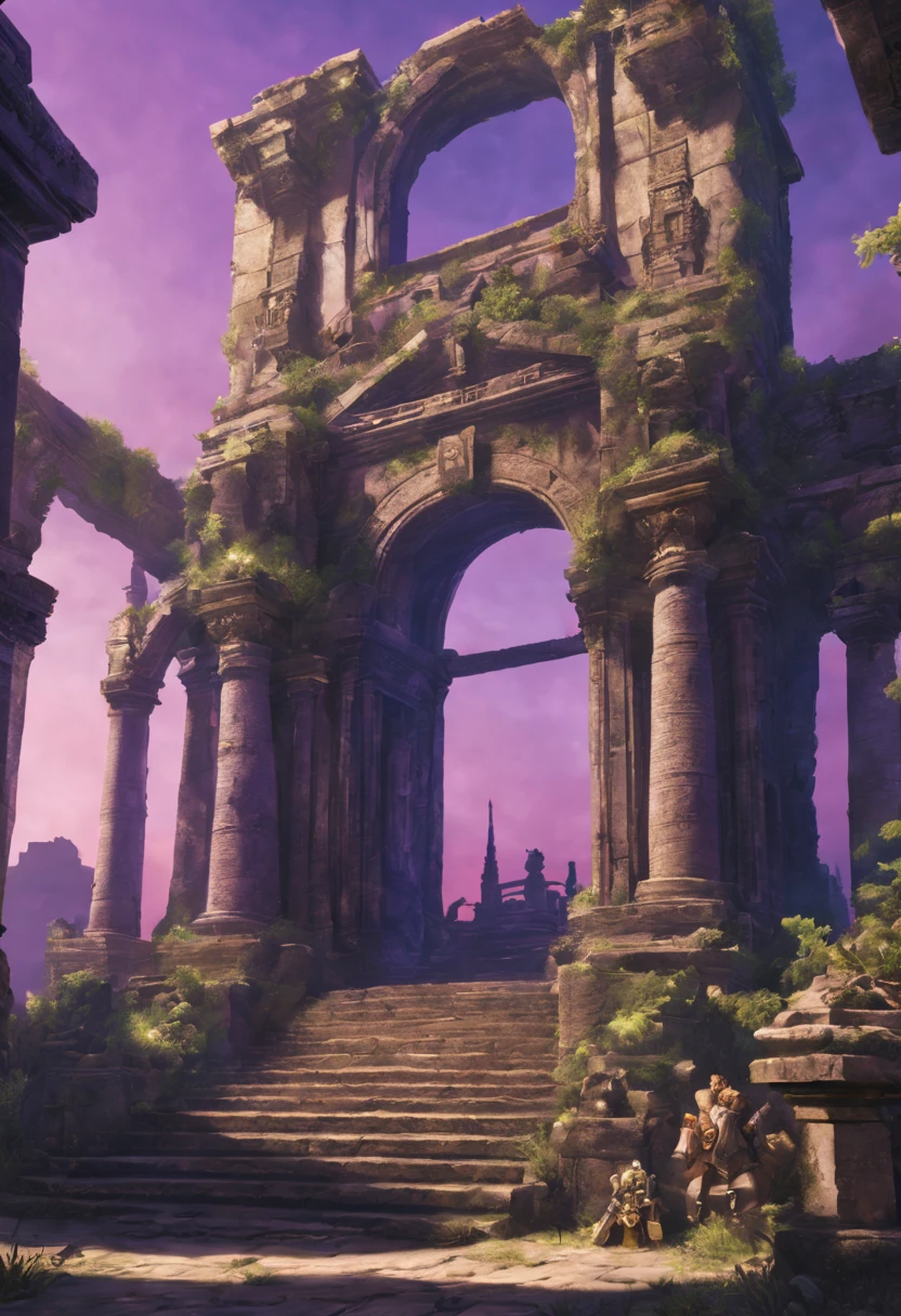 (Mysterious ancient ruins,warhammer 40k style),oil painted,Detailed and weathered ruins,Purple sky,salama,Intricately carved and impressive architectural structures,ruins covered with lush vegetation,Majestic statue guarding the entrance,Best quality at best,ultra - detailed,realisticlying:1.37,professinal,rich palette,deep shadow,Highlights are vibrant,Dramatic lighting with highlights and shadows、indirect ambient lighting、Earthy and metallic tones。