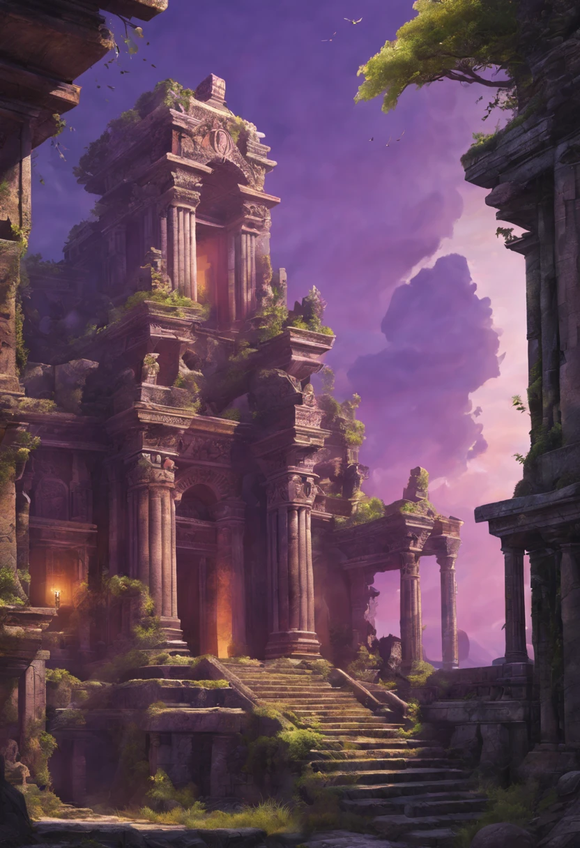 （Mysterious ancient ruins，warhammer 40k style），oil painted，Detailed and weathered ruins，Purple sky，salama，Intricately carved and impressive architectural structures，ruins covered with lush vegetation，Majestic statue guarding the entrance，Best quality at best，ultra - detailed，realisticlying：1.37，professinal，rich palette，deep shadow，Highlights are vibrant，Dramatic lighting with highlights and shadows、indirect ambient lighting、Earthy and metallic tones。