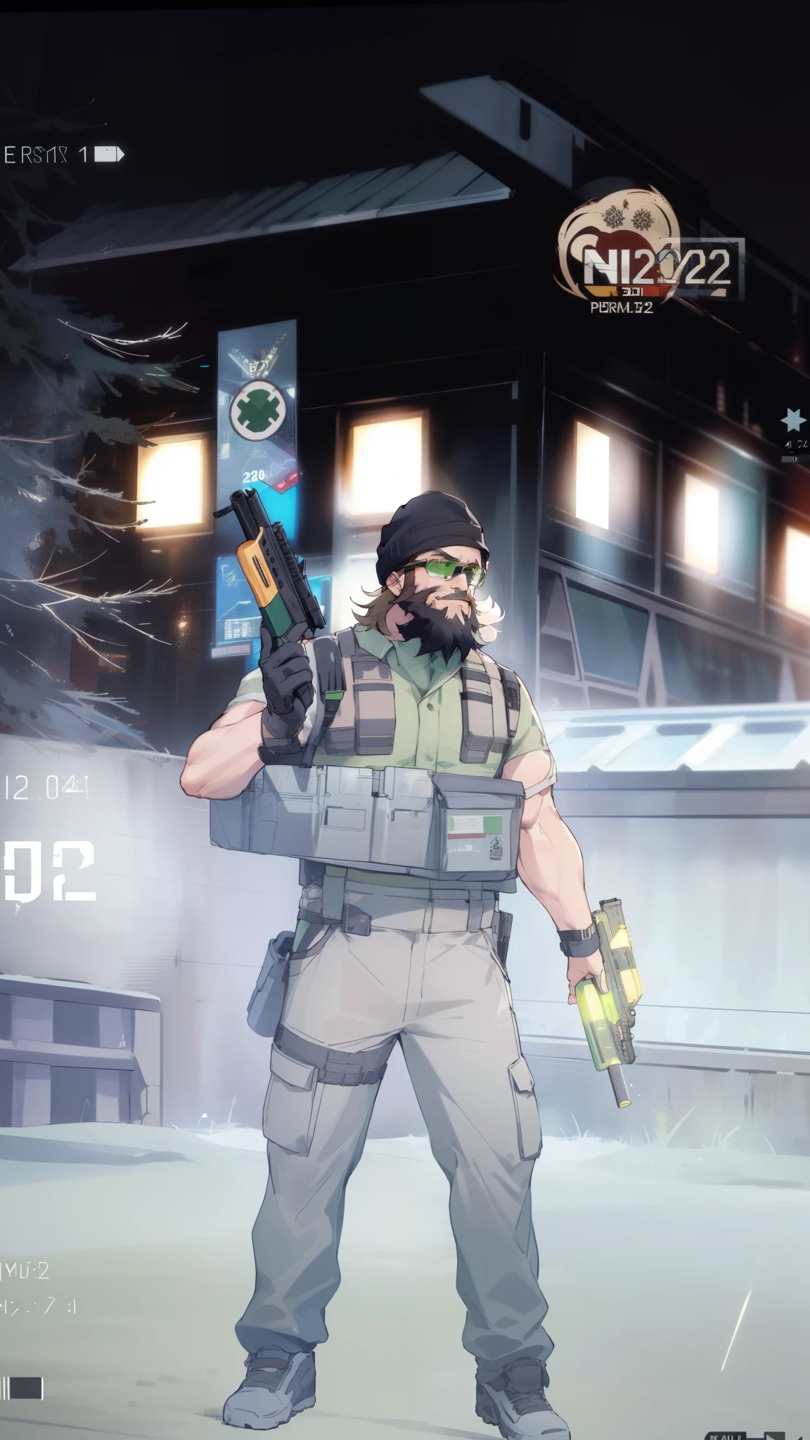 there is a man holding a gun and a gun in his hand, screen shot of cod, heavy weapons guy, 2025, 2 0 2 4, 2024, 2012, 2 0 1 2, video game screenshot, screenshot from game, 2 k, 2k, ps 3 screenshot, added detail, heavy vignette!, ((wearing a beanie)), ((beard)), ((Safety glasses)), ((green army uniform))