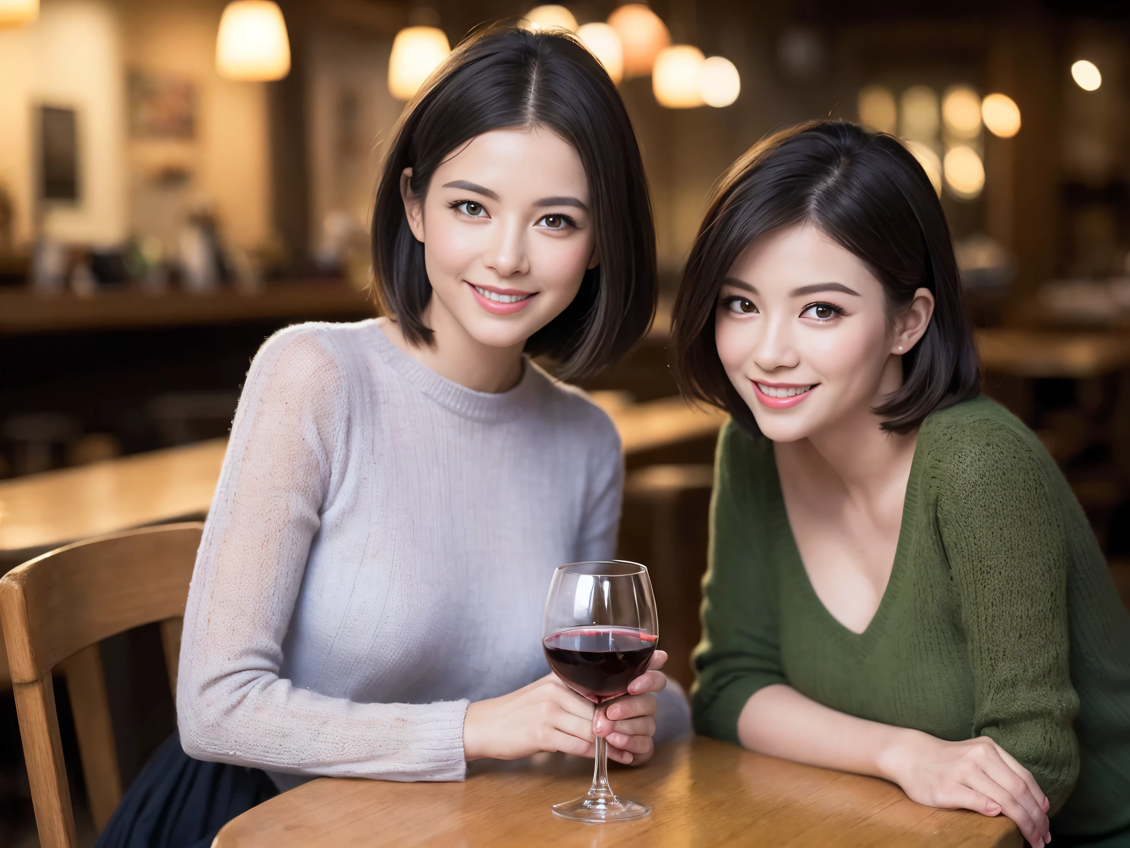 (64k uhd、nffsw、top-quality、​masterpiece:1.2)、(realisitic、Photorealsitic:1.37)、ultra-detailliert、wine glasses、enjoying a glass of wine、a matural female、Two beautiful women、(Slimedな顔)、(Slimedなボティ)、（brawn hair）、(short-cut)、smiling french woman、happy italian girl、British woman、Americana、blush a little on the cheeks、(38 years)、42 year old、red wine、窓の外には美しく緻密なnatta景が広がります..、resturant、wine glassesは目立つ場所に、natta、(from waist up)、sitting on、date、(A smile:1.15)、Beautiful detailed eyes、Cashmere sweater、long-sleeved dresses、japanes、(short-hair:1.2)、Float NovaFrogStyle、、modeled、from waist up、white wine、Slimed、wine glasses、超きれいなnatta景、wine glassesは真ん中に置いて、Happy smile、(8K、Raw photography、top-quality、​masterpiece:1.2)、(realisitic、Photorealsitic:1.37)、ultra-detailliert、超A high resolution、2 females、see the beholder、beautifull detailed face、A smile、Constriction、(細いSlimedなウェスト) :1.3)、knit shirt、Beautiful detailed skin、Skin Texture、floated hair、professional light needle breast、eyes gentle