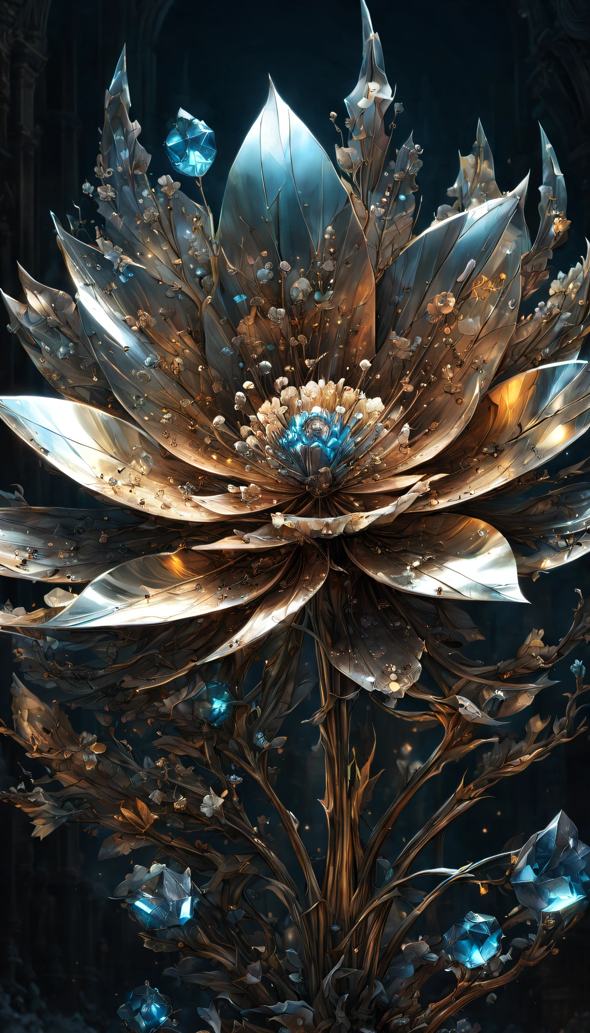 Metallic crystallized flower by Wadim Kashin, M.W Kaluta, Cyril Rolando, Roberto Aizenberg, Zdzisław Beksiński and Greg Rutkowski, Arthur Rackham, Beeple, metal flower, highly detailed, sharp environment, metal color, 16k resolution, trending on artstation