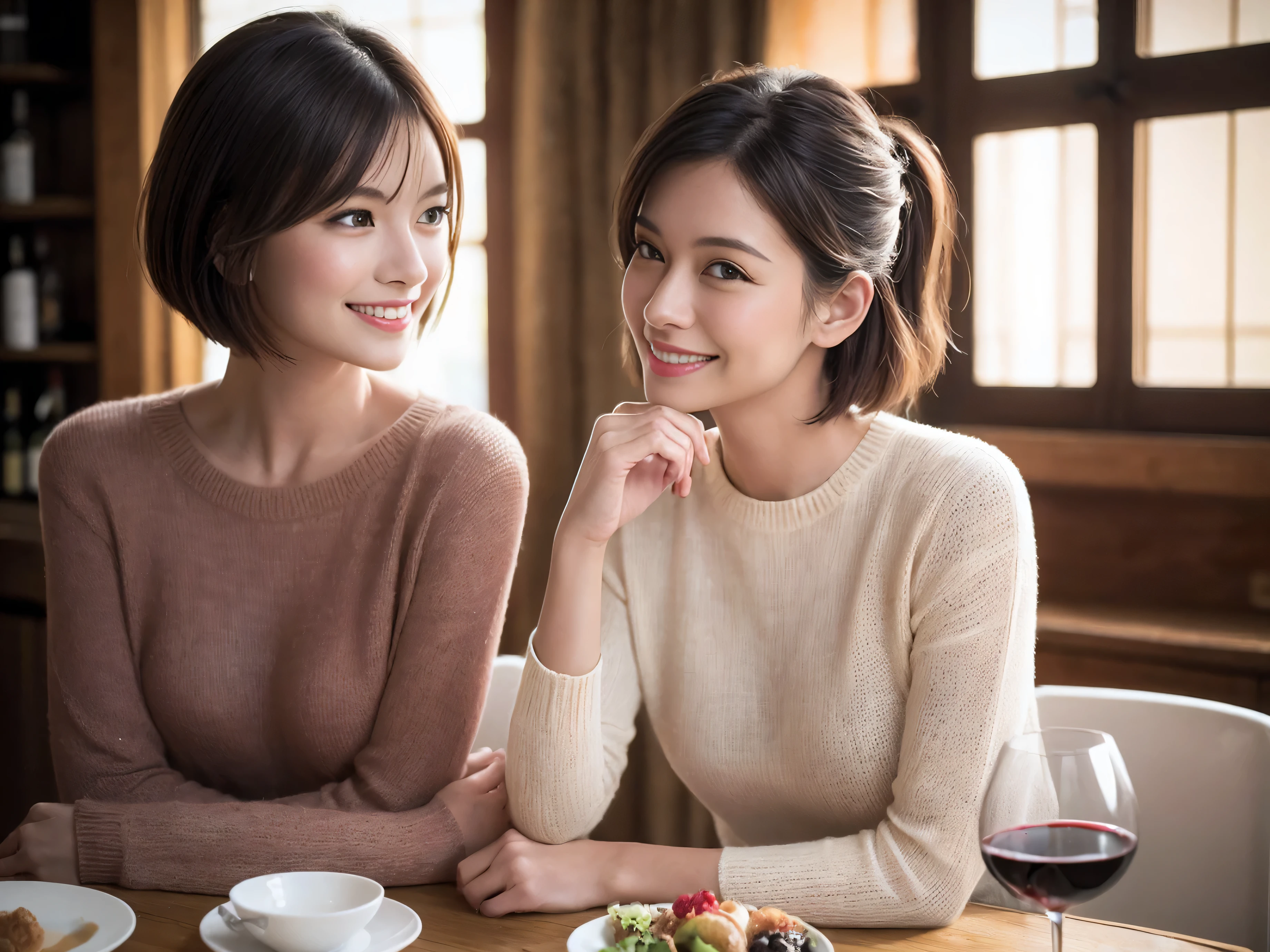 (64k uhd、nffsw、top-quality、​masterpiece:1.2)、(realisitic、Photorealsitic:1.37)、ultra-detailliert、wine glasses、enjoying a glass of wine、a matural female、Two beautiful women、(Slimedな顔)、(Slimedなボティ)、（brawn hair）、(short-cut)、smiling french woman、happy italian girl、British woman、Americana、blush a little on the cheeks、(38 years)、42 year old、red wine、窓の外には美しく緻密なnatta景が広がります..、resturant、wine glassesは目立つ場所に、natta、(from waist up)、sitting on、date、(A smile:1.15)、Beautiful detailed eyes、Cashmere sweater、long-sleeved dresses、japanes、(short-hair:1.2)、Float NovaFrogStyle、、modeled、from waist up、white wine、Slimed、wine glasses、超きれいなnatta景、wine glassesは真ん中に置いて、Happy smile、(8K、Raw photography、top-quality、​masterpiece:1.2)、(realisitic、Photorealsitic:1.37)、ultra-detailliert、超A high resolution、2 females、see the beholder、beautifull detailed face、A smile、Constriction、(細いSlimedなウェスト) :1.3)、knit shirt、Beautiful detailed skin、Skin Texture、floated hair、professional light needle breast、eyes gentle