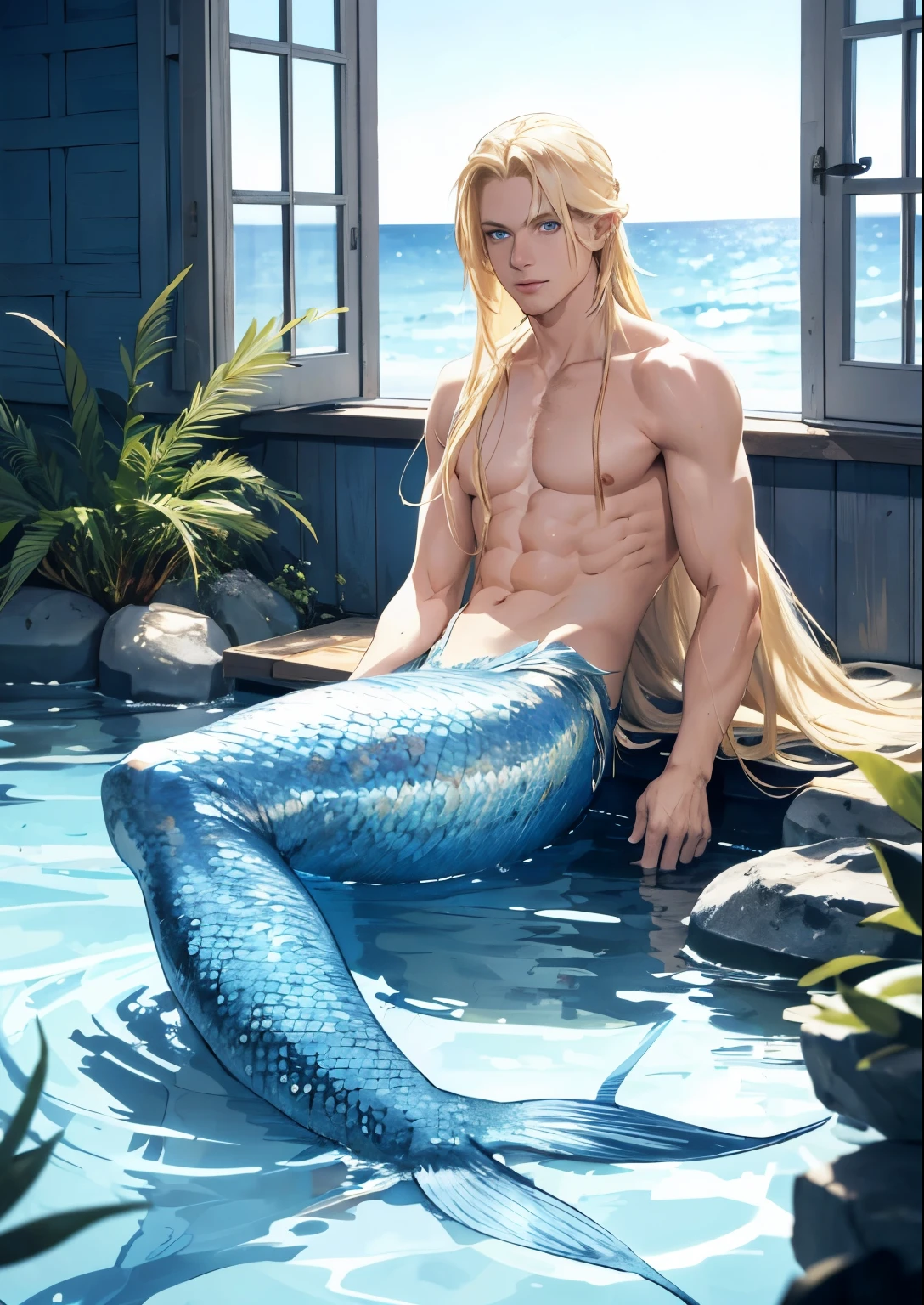 long blonde hair blue eyeserman male mermaid NO GIRL , half bottom body is fish tail , bare chest, emerge from sea, looking outside, do not look camera