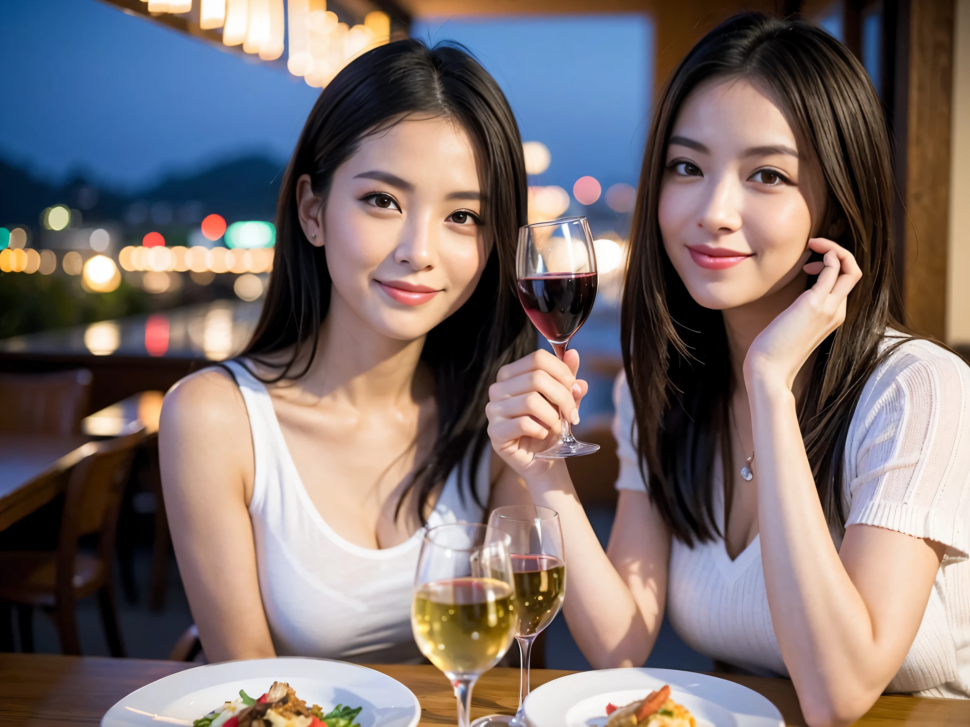 (64k uhd, nffsw, of the highest quality, masutepiece: 1.2), (Realistic, Photorealistic: 1.37), Pretty Woman 1, (Slim Face), (slimボティ), (Brown hair), (short-cut), cheeks blush a little, (40 years old), 38 years, Solo, A beautiful and detailed night view spreads out outside the window....., restaurant, wine glassesに座って, At night, In a prominent place (from waist up) NovaFrogStyle, actress, Model, waist-up, white wine, slim, wine glasses, Super clean night view, 真ん中に置かれたwine glasses, Happy smile, (Smile: 1.15), Beautiful fine eyes, Upper body, Bust Japan Up, Night, Short, Short, actress, Model, waist-up, white wine, slim, wine glasses, Super clean night view, 真ん中に置かれたwine glasses, Happy smile,