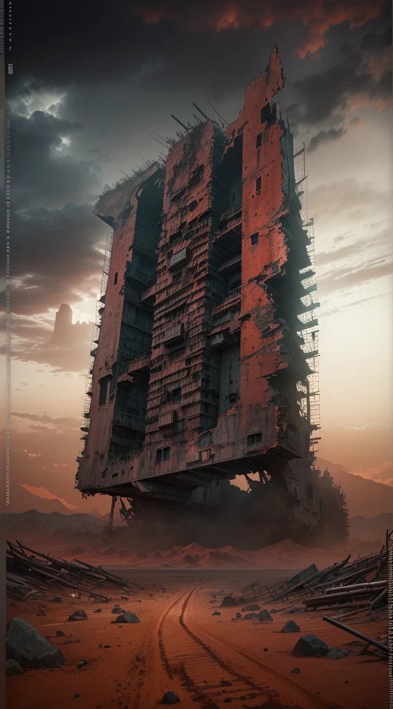 movie poster,ancient Mars,starship wreckage,red planet,(Astronaut explorer),dystopian future,dark atmosphere,desolate landscape,ruins,ancient technology,otherworldly,sci-fi,abandoned,ominous sky,vibrant colors,crumbling structures,dramatic lighting,creepy,post-apocalyptic,twisted metal,haunting,lonely, setting,extraterrestrial,cosmic,atmospheric,unearthly scenery,bleak,deserted,imposing presence,futuristic,distant horizon,remnants of civilization,(best quality,4k,8k,highres,masterpiece:1.2),ultra-detailed,(realistic,photorealistic,photo-realistic:1.37)