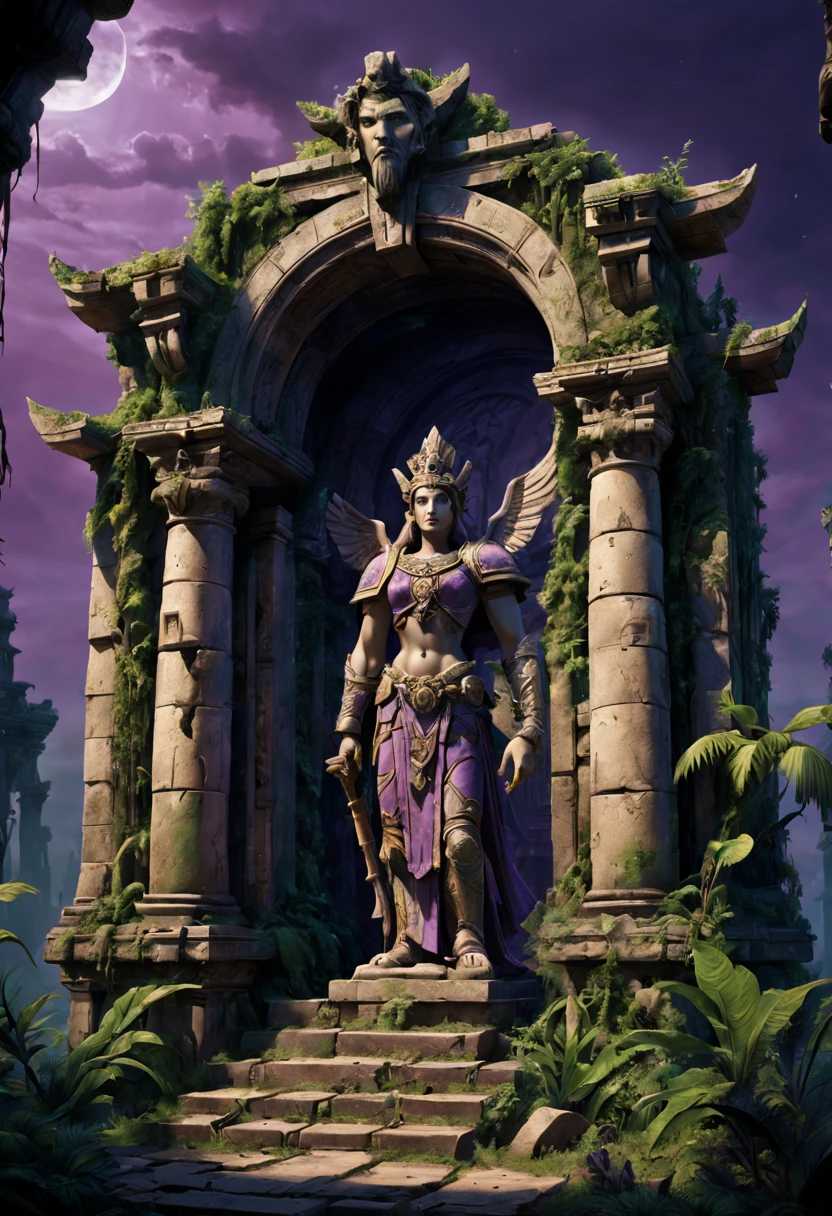 （Mysterious ancient ruins），oil painted，Detailed and weathered ruins，Purple sky，salama，Intricately carved and impressive architectural structures，ruins covered with lush vegetation，A majestic statue guarding the entrance in Warhammer 40k style，Best quality at best，ultra - detailed，realisticlying：1.37，professinal，rich palette，deep shadow，Highlights are vibrant，Dramatic lighting with highlights and shadows、indirect ambient lighting、Earthy and metallic tones。