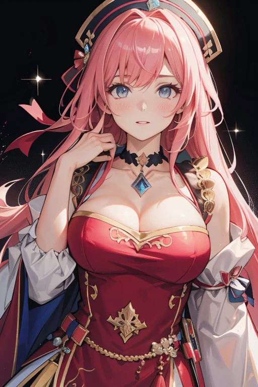 Best quality at best, tmasterpiece, A high resolution, 1个Giant Breast Girl,Chinese dress,hair adornments,choker necklace, jewely,pretty face,above_body, dingdall effect,realisticlying, dark studio, edge lit, two color lights,(highdetailskin:1.2), 8K uhd, SLR camera, gentlesoftlighting, high qulity, Volumetriclighting, Frankness, photore, A high resolution, 4K, 8K, bokeh, with pink hair, ,