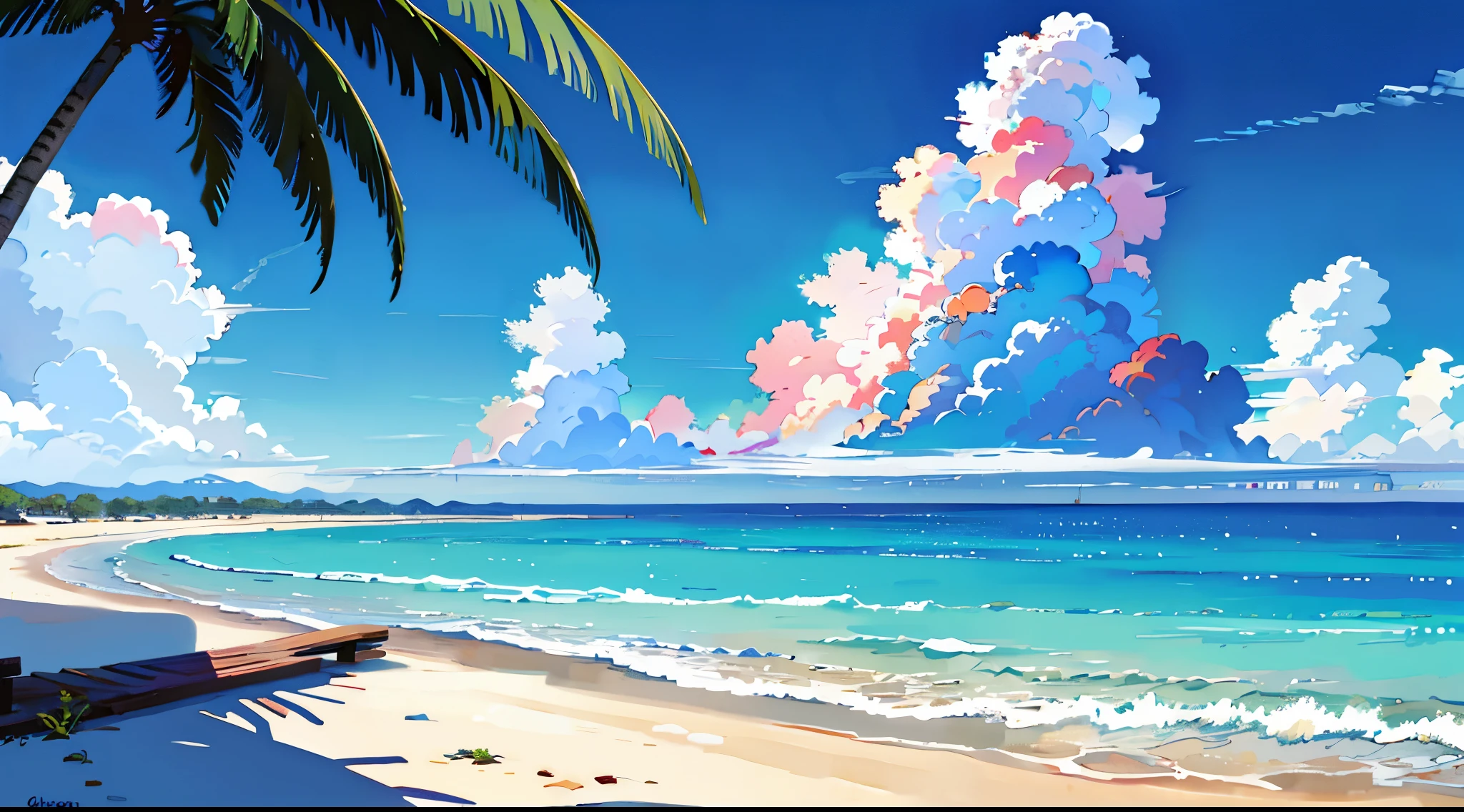 watercolor paiting、No humans, landscapes, vanishing point, frombelow, masterpiece, top-quality, 8K, absurderes, sea,Horizon,Palm trees,White sandy beach, 夏天, at noon, sunlights, blue-sky,cumulonimbus clouds, Near and far law, depth of fields, hight resolution, detaile, ultra-detailliert, foco nítido