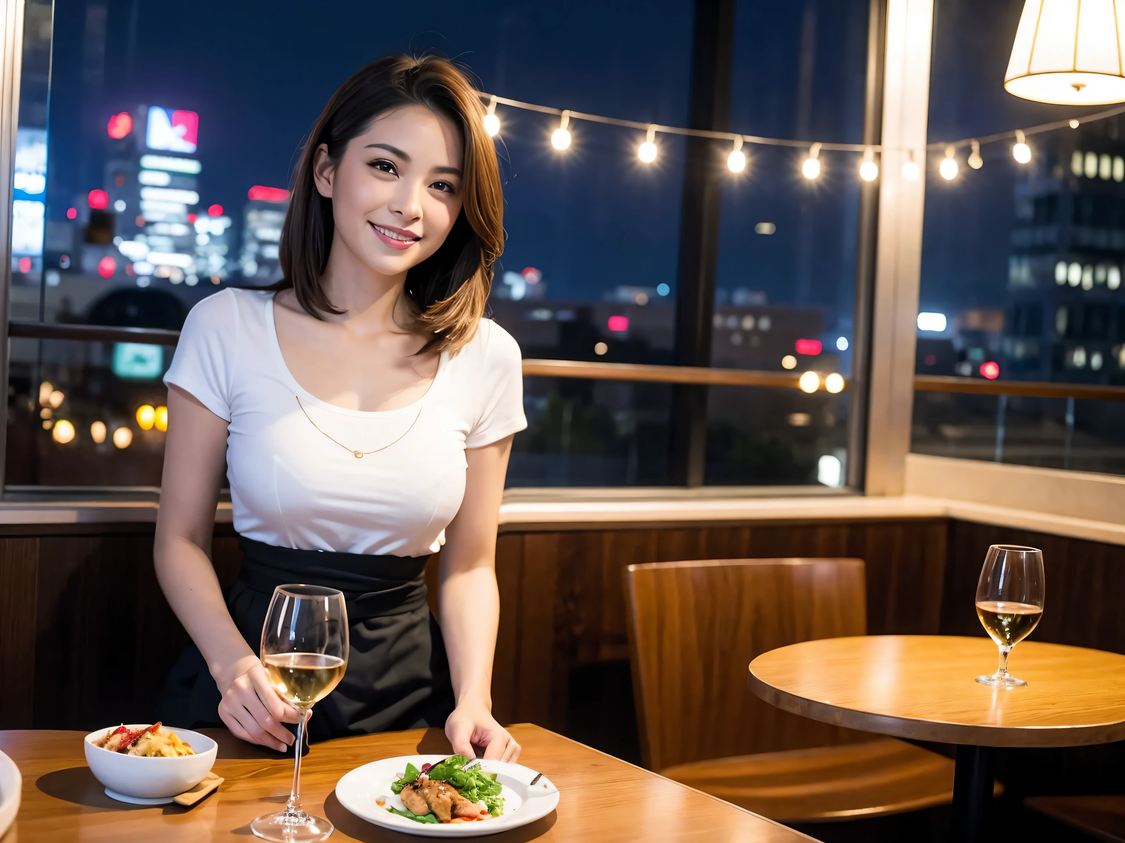 (64k uhd, nffsw, of the highest quality, masutepiece: 1.2), (Realistic, Photorealistic: 1.37), Pretty Woman 1, (Slim Face), (slimボティ), (Brown hair), (short-cut), cheeks blush a little, (40 years old), 38 years, Solo, A beautiful and detailed night view spreads out outside the window....., restaurant, wine glassesに座って, At night, In a prominent place (from waist up) NovaFrogStyle, actress, Model, waist-up, white wine, slim, wine glasses, Super clean night view, 真ん中に置かれたwine glasses, Happy smile, (Smile: 1.15), Beautiful fine eyes, Upper body, Bust Japan Up, Night, Short, Short, actress, Model, waist-up, white wine, slim, wine glasses, Super clean night view, 真ん中に置かれたwine glasses, Happy smile,