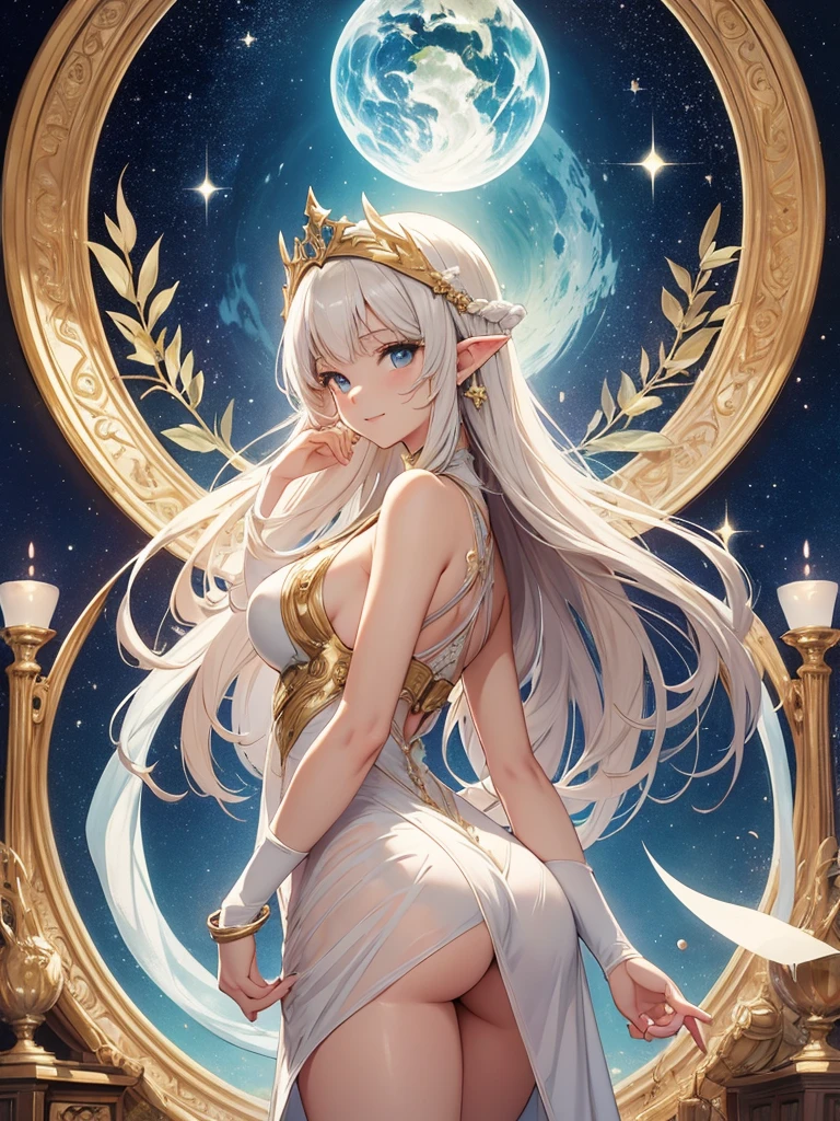 top-quality、Top image quality、masterpiece、posterior viewの超美形エルフ美女((22year old ))、big bast、Bust 90,beautiful long ironed hair、a blond、globe、、A slender、a closeup、Esbian、beautiful tiara、hiquality、Beautiful Art、Background with((starrysky)))masutepiece、visualart、depth of fields、low angle of morning sky、、Elven ears、、light magic、Space Knight、harp melody🎵、Happy smile、Gentle light、、Beautiful legs that are gentle on the skin、、、Number of fingers to achieve precise finger movements、ticker beautiful decorative white dress、elegent、Mystical Rosa、 Heaven、Marble pillars, beautiful dressy、magnificent marble dome、Huge galaxy、religious painting、holding the earth、Temple of Time、Great watch、hour glass、sundial、moment of creation!myth、alphonse mucha art、art noveau、byzantine art、folding screen picture、gold foil、Raphael's painting、Renaissance art、posterior view、Beautiful ass