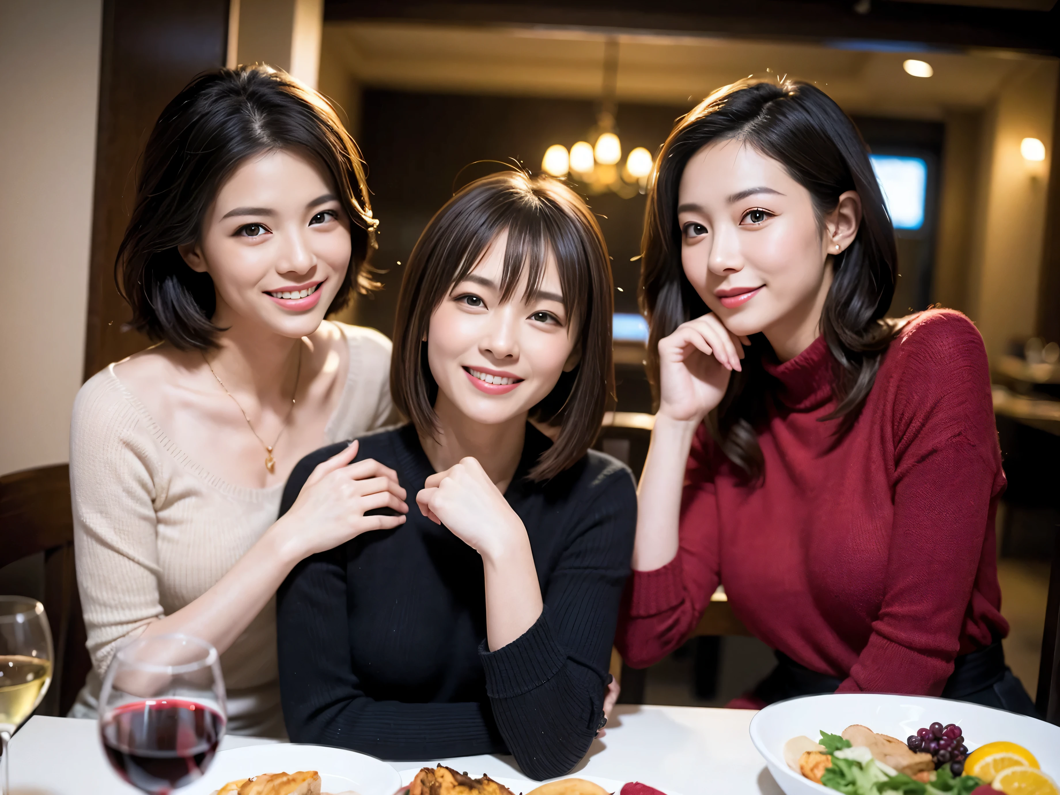 (64k uhd、nffsw、top-quality、​masterpiece:1.2)、(realisitic、Photorealsitic:1.37)、ultra-detailliert、wine glasses、enjoying a glass of wine、a matural female、Two beautiful women、(Slimedな顔)、(Slimedなボティ)、（brawn hair）、(short-cut)、smiling french woman、happy italian girl、British woman、Americana、blush a little on the cheeks、(38 years)、42 year old、red wine、窓の外には美しく緻密なnatta景が広がります..、resturant、wine glassesは目立つ場所に、natta、(from waist up)、sitting on、date、(A smile:1.15)、Beautiful detailed eyes、Cashmere sweater、long-sleeved dresses、japanes、(short-hair:1.2)、Float NovaFrogStyle、、modeled、from waist up、white wine、Slimed、wine glasses、超きれいなnatta景、wine glassesは真ん中に置いて、Happy smile、(8K、Raw photography、top-quality、​masterpiece:1.2)、(realisitic、Photorealsitic:1.37)、ultra-detailliert、超A high resolution、2 females、see the beholder、beautifull detailed face、A smile、Constriction、(細いSlimedなウェスト) :1.3)、knit shirt、Beautiful detailed skin、Skin Texture、floated hair、professional light needle breast、eyes gentle