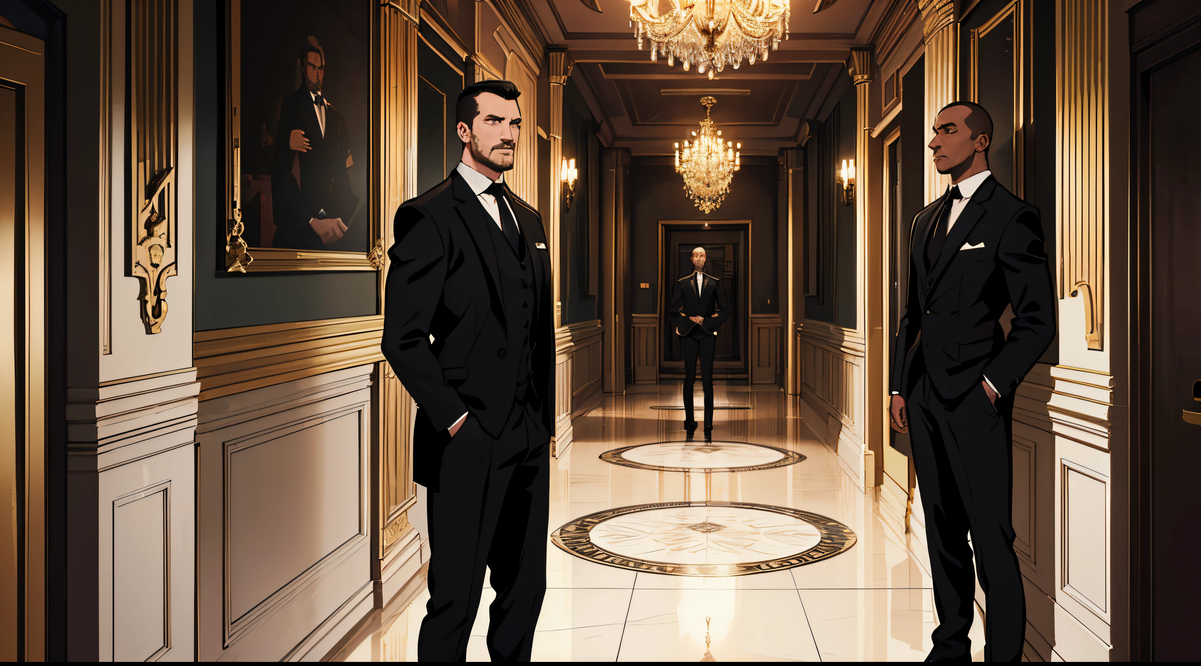 (best quality,4k,highres:1.2),ultra-detailed,realistic:1.37,in a luxurious hallway,guards in black suits are standing by the walls