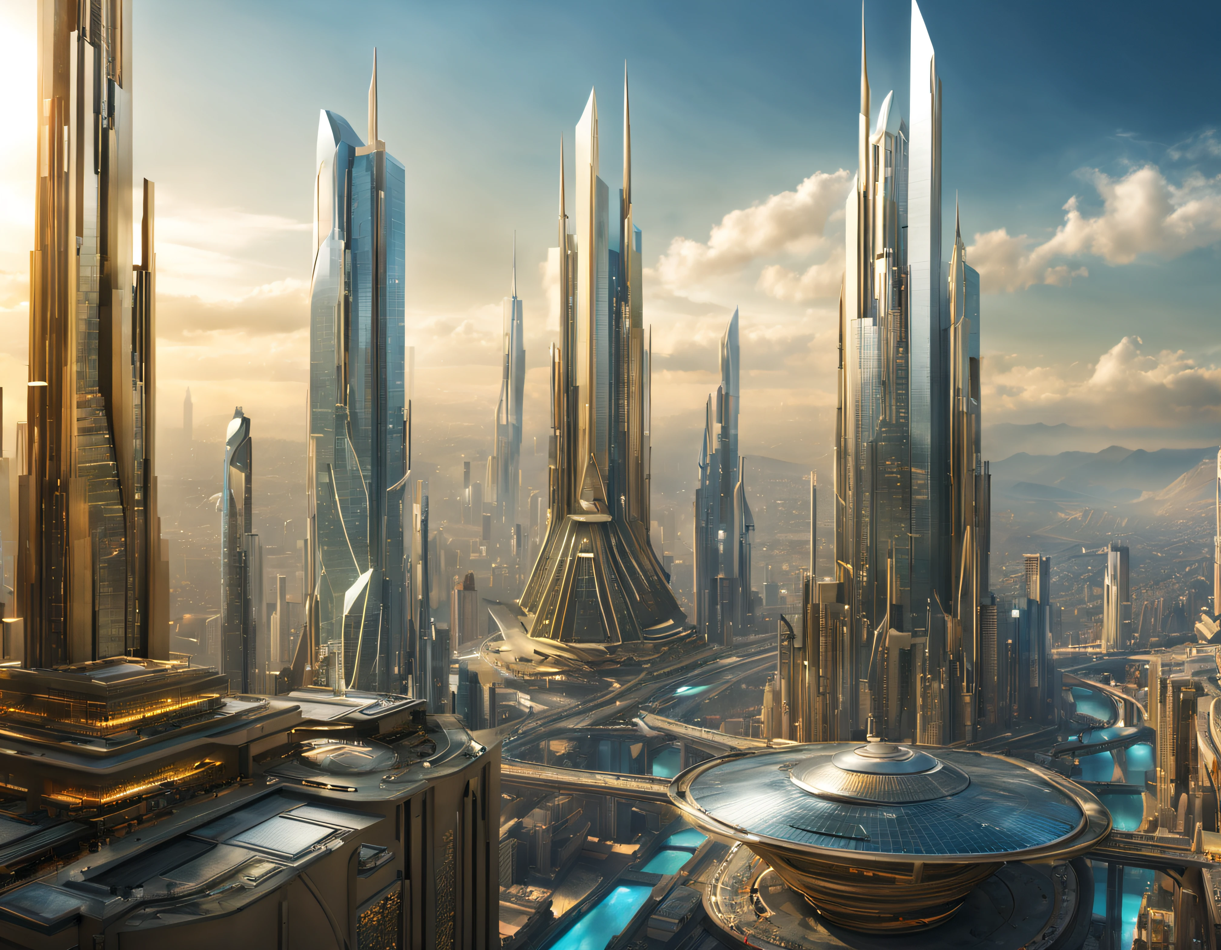 the city of megacity futuristic science fiction city as it would be in the year 3029, vista desde una terraza , with high-tech design , edificios de metal y cristal, autopistas cruzandolos, de una inmensidad impresionante, con el empleo de oro , plata y bronce en su construccion, realmente impresionante a la vista, imagen bien definida, fondo nitido bien defifido, con muchos edificios juntos. imagen nitida bien definida 8k. los edificios llegan alta el fondo.,8k. imagen cinematografica, renderizado 3d, ((obra maestra de superior calidad)).