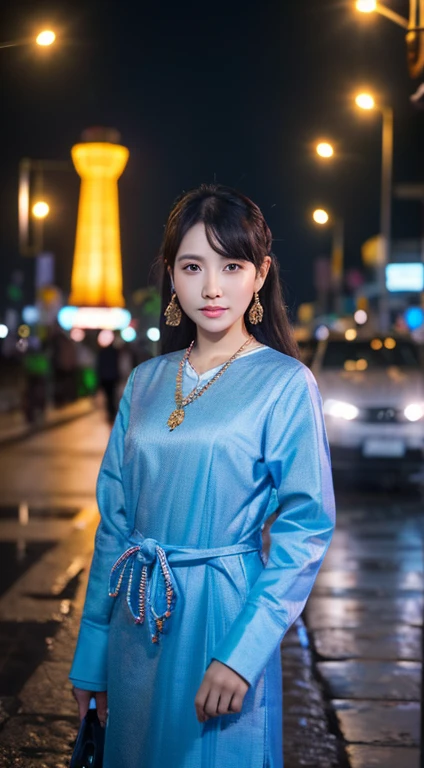 (8k, RAW photo, best quality, masterpiece:1.2), (realistic, photo-realistic:1.37),st. louis (luxurious wheels) (azur lane),1girl,(myanmar girl), (aegyo sal:1),hair ornament, portrait, (Myanmar traditional cloths:1.1), necklace, blue nails,cute,cityscape, night, rain, wet, professional lighting, photon mapping, radiosity, physically-based rendering, backgrounds SHWEDIGON Pagoda