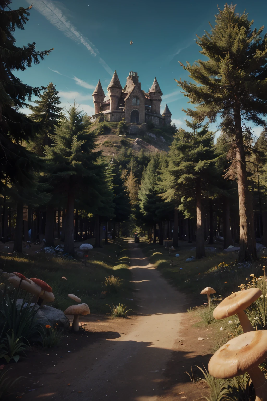 A 2D video game background, full of mushrooms, a magical forest near Bandle City (league of legends), you can see the sky above the trees