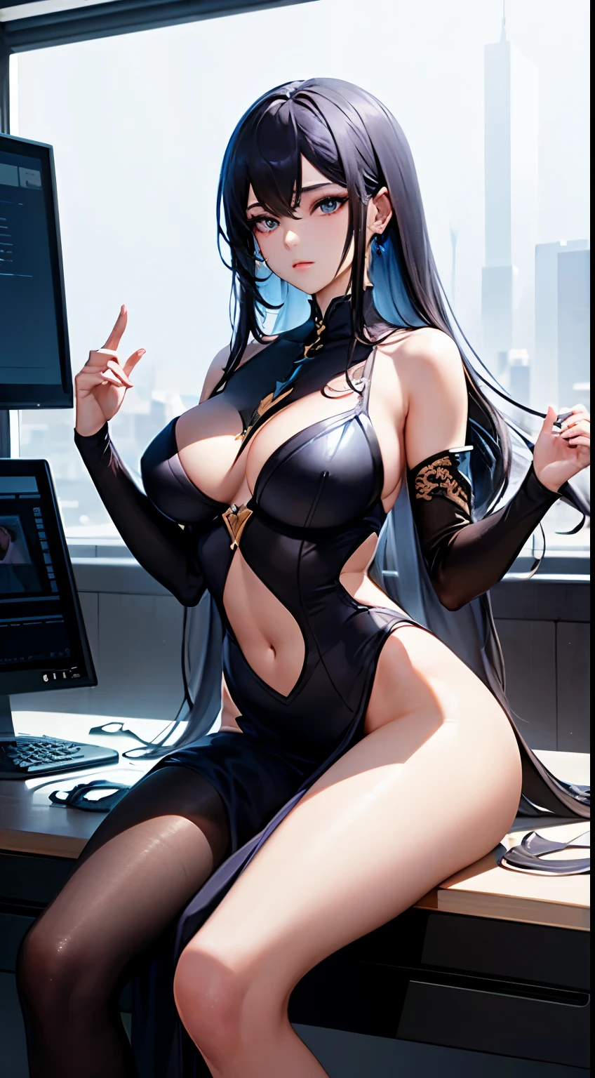 a A futuristic (delicate skin), Godrak Silk。beautiful epic work, A futuristic, tmasterpiece, Attractive,Detailed faces。Perfect body proportion。sitting at the console。Perfect facial proportions。Show off your beautiful body。Firm gaze, beautiful eyes